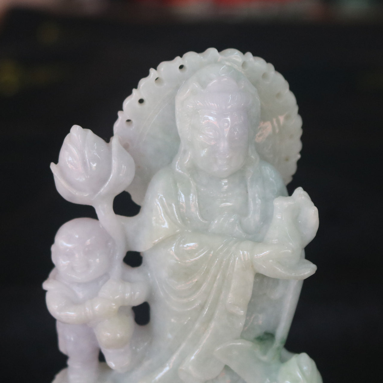 Type A Burmese Jade Jadeite Feng Shui Guan Yin & Tong Zi Display with NGI cert 334.67g 116.7 by 70.5 by 35.5mm - Huangs Jadeite and Jewelry Pte Ltd