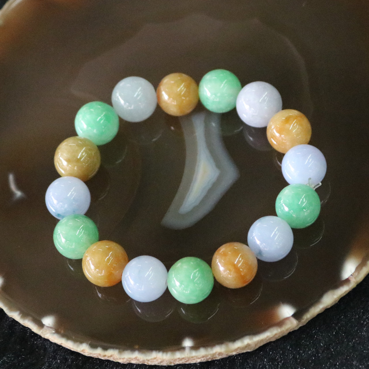 Type A Burmese Jade Jadeite Mixed Colours Beads Bracelet - 59.68g 12.9mm/bead 16 Beads - Huangs Jadeite and Jewelry Pte Ltd