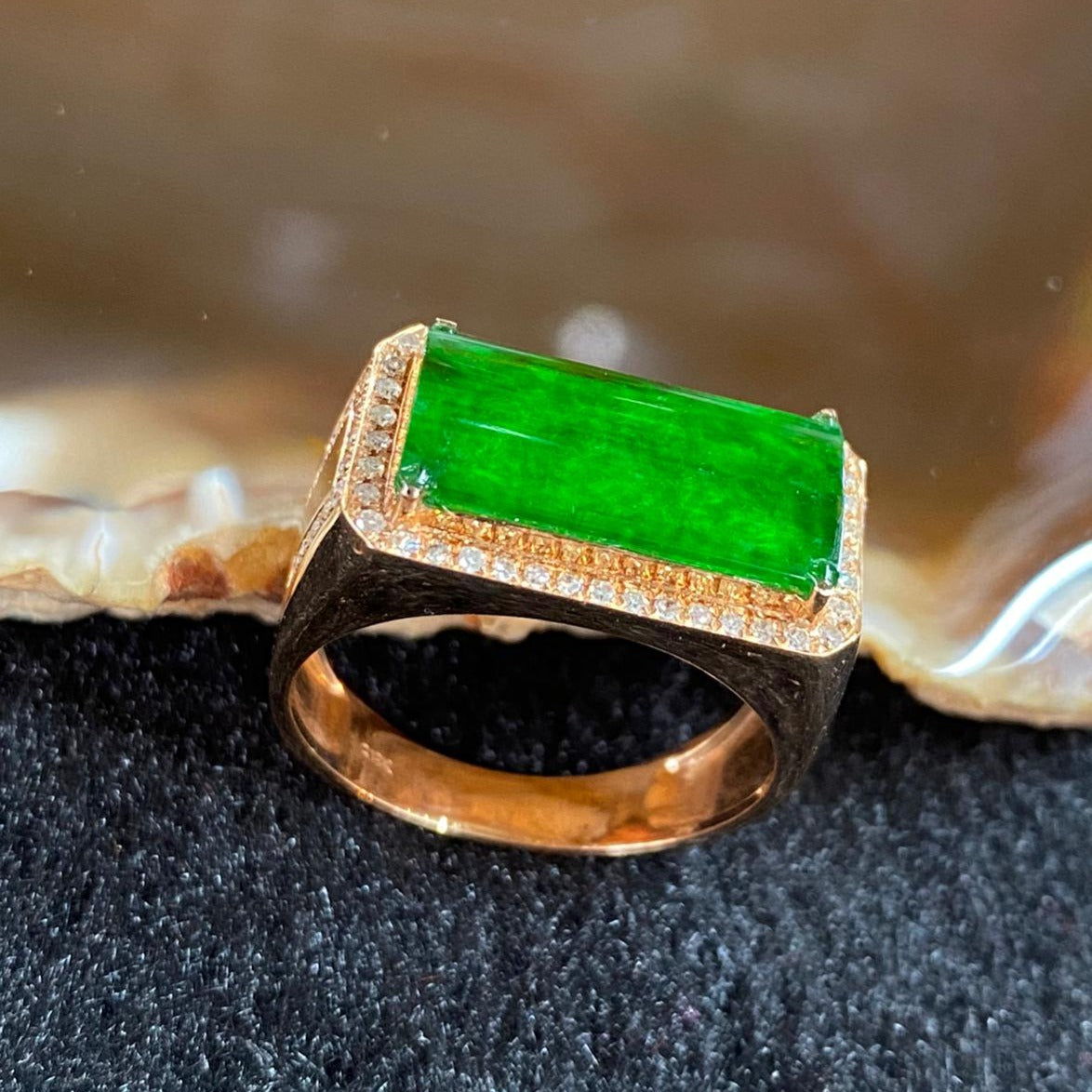 Type A Burmese Jade Jadeite 18k Rose Gold & Diamond Rings - 4.99g US8.5 HK19 - Huangs Jadeite and Jewelry Pte Ltd