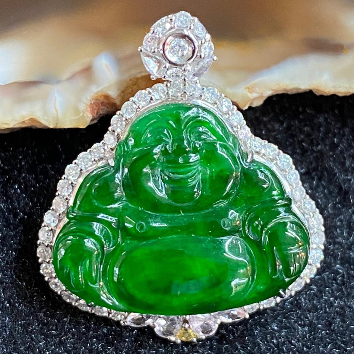 Type A Burmese Jade Jadeite 18k White Gold & Diamonds Milo Buddha - 4.78g 27.0 by 23.5 by 7.7mm - Huangs Jadeite and Jewelry Pte Ltd