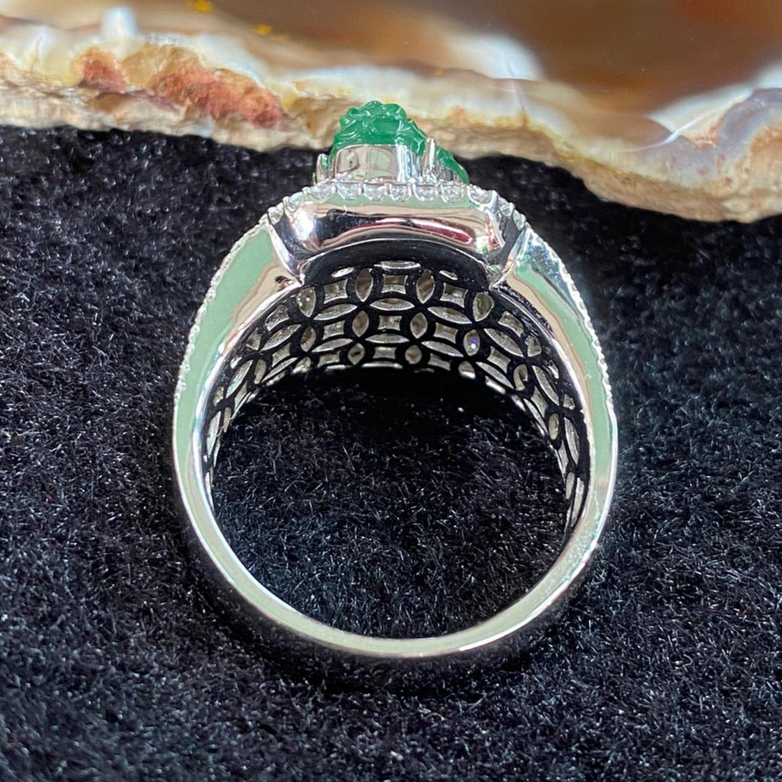 Rare Type A Burmese High End Jade Jadeite Chan Chu aka 3 Legged Frog Ring 18K White Gold & Diamonds - 14.99g US9.45 HK22 - Huangs Jadeite and Jewelry Pte Ltd