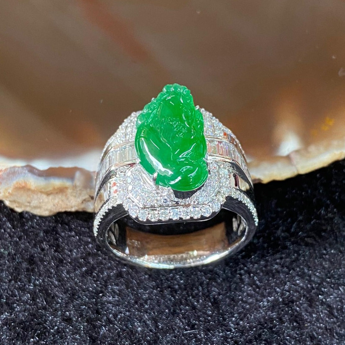 Rare Type A Burmese High End Jade Jadeite Chan Chu aka 3 Legged Frog Ring 18K White Gold & Diamonds - 14.99g US9.45 HK22 - Huangs Jadeite and Jewelry Pte Ltd