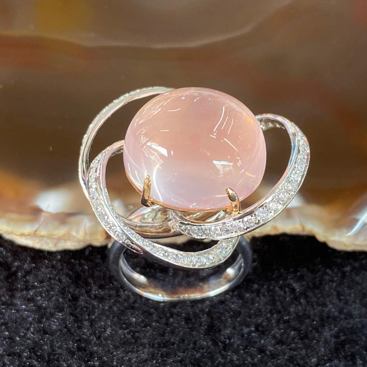 Natural Star Rose Quartz 玫瑰石英 18K White gold & Diamonds Ring - 14.46g US6 HK13 - Huangs Jadeite and Jewelry Pte Ltd