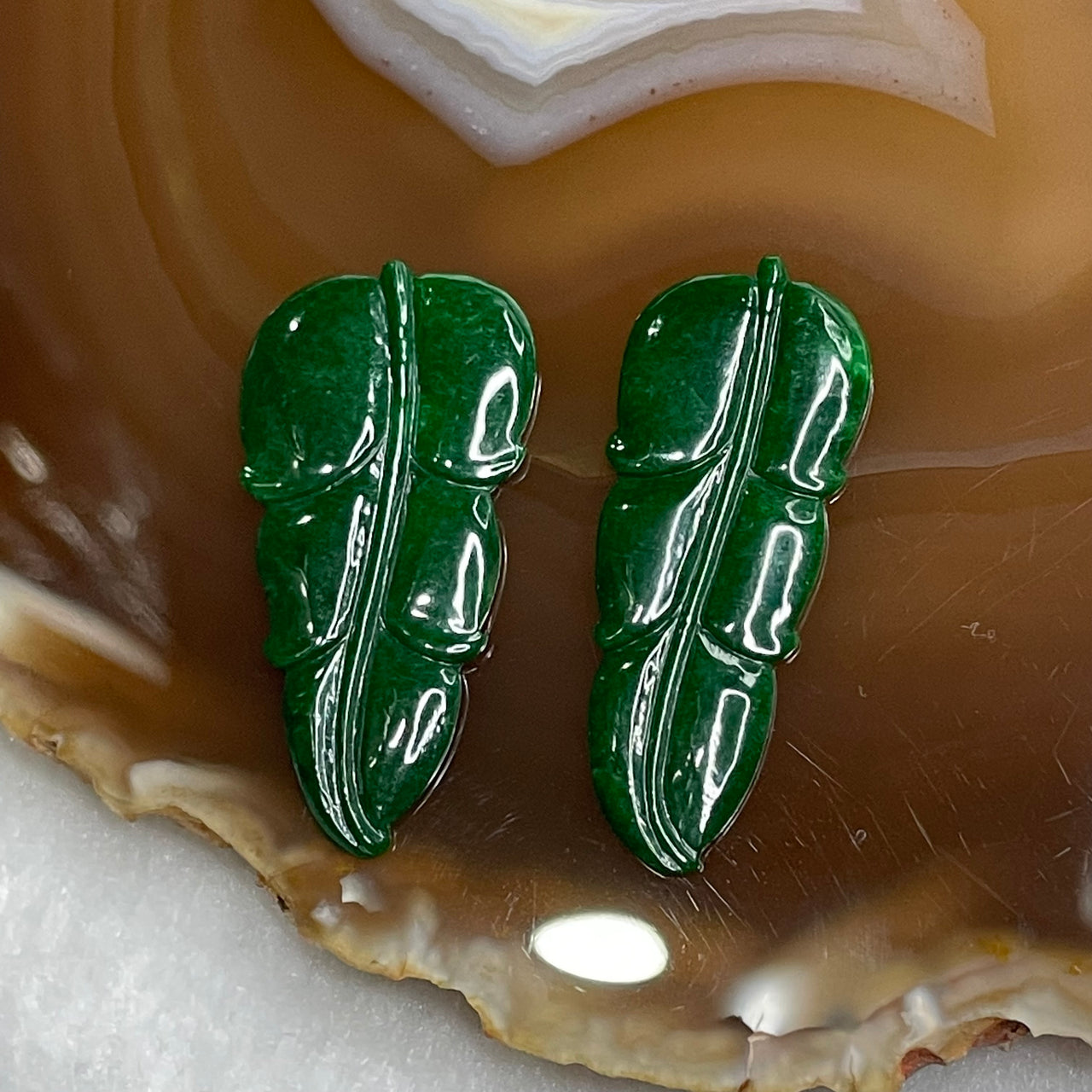 Type A Full Green Jade Jadeite Pair of Leaf for setting 5.58g 39.2 by 19.6 by 2.2mm - Huangs Jadeite and Jewelry Pte Ltd