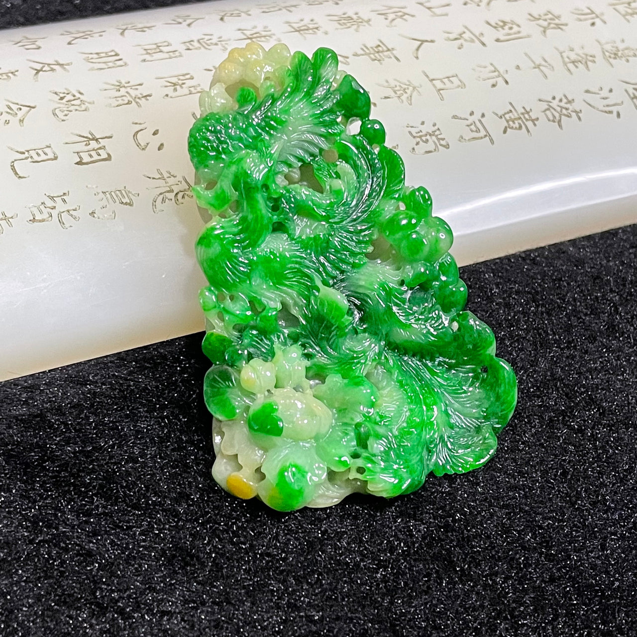 High Quality Type A Spicy Green Phoenix Burmese Myanmar Jade Jadeite Pendant - 50.29g 66.1 by 44.4 by 15.2mm - Huangs Jadeite and Jewelry Pte Ltd