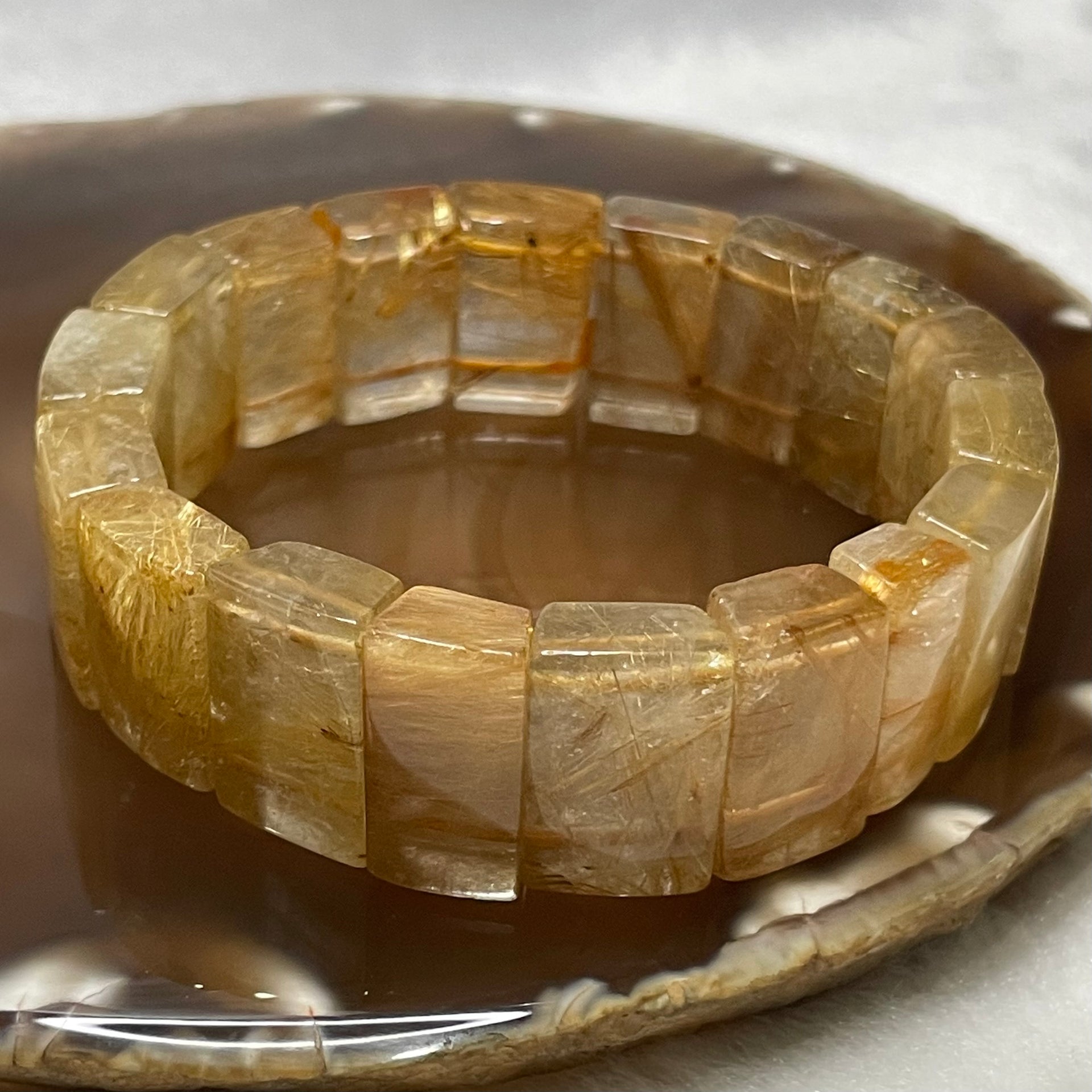 Natural Golden Rutilated Quartz Bracelet 手牌 - 71.40g 18.8 by 7.2mm/piece 18 pieces - Huangs Jadeite and Jewelry Pte Ltd