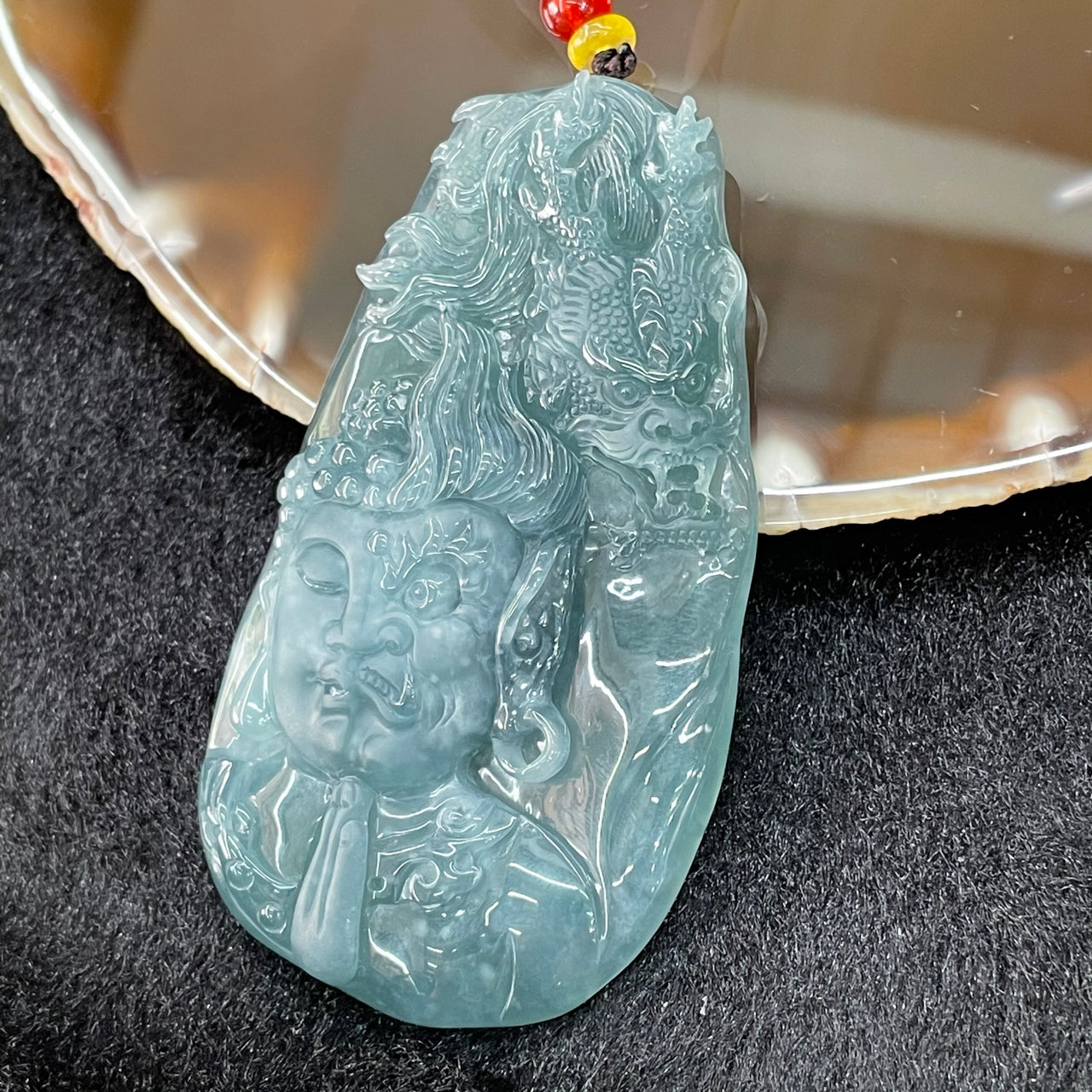 Type A Blueish Green Good & Evil with Dragon Pendant - 44.82g 78.1 by 43.7 by 9.3mm - Huangs Jadeite and Jewelry Pte Ltd