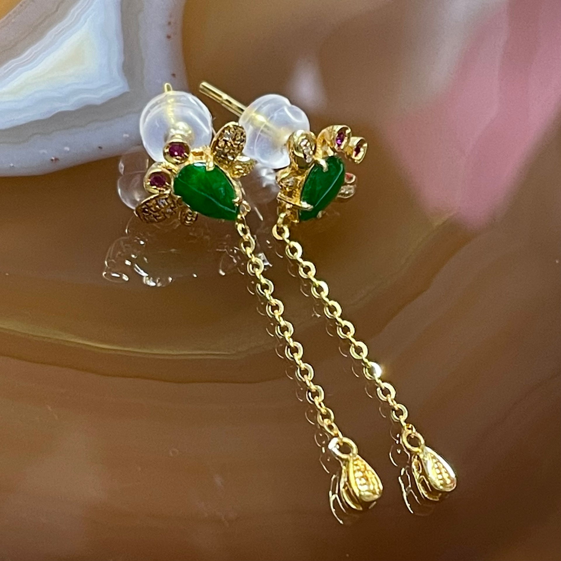 Type A Spicy Green Jade Jadeite Fly Earrings 18K Yellow Gold 1.57g 33.7 by 10.3 by 3.1mm - Huangs Jadeite and Jewelry Pte Ltd