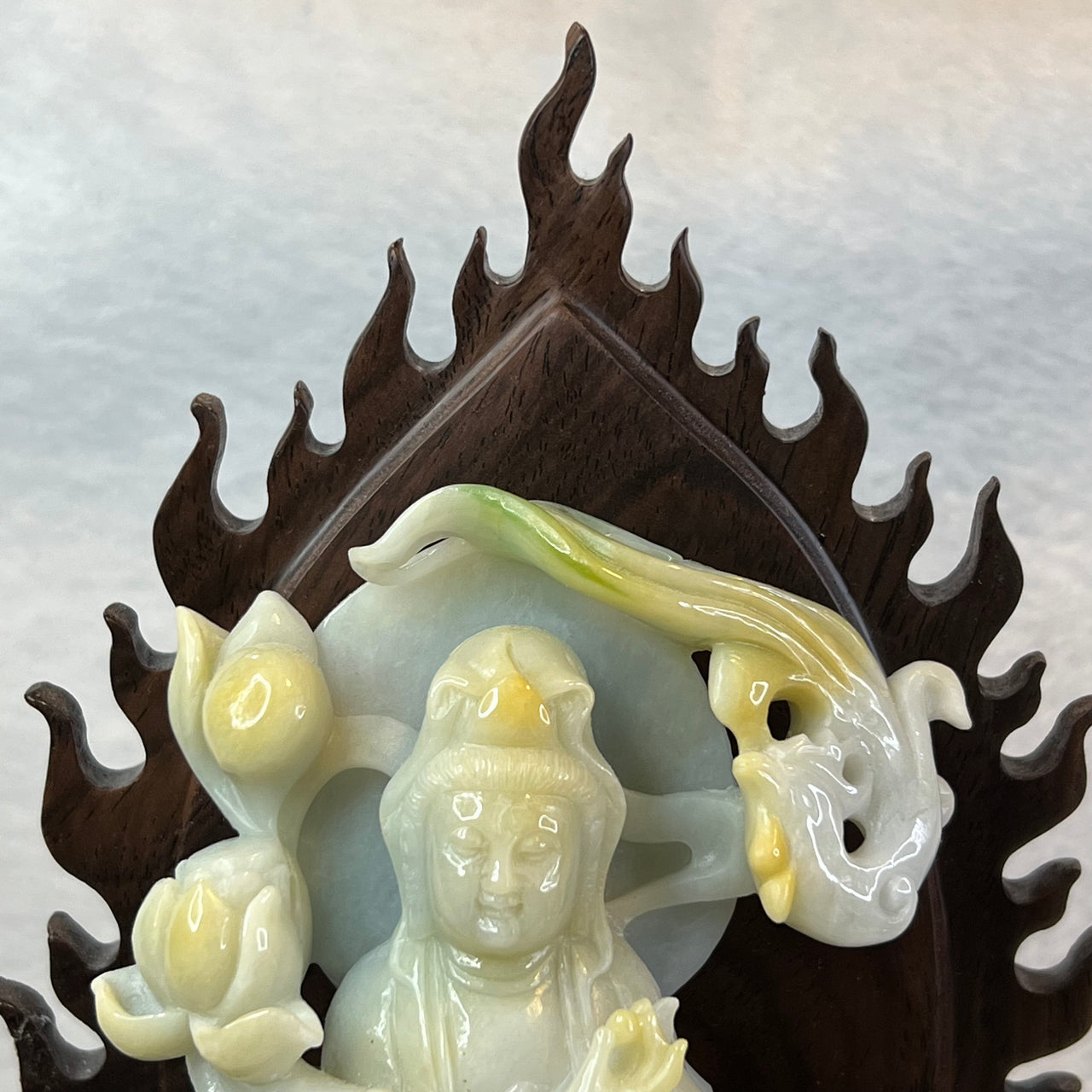 Type A Yellow and Green Jade Jadeite Guan Yin Display 475g 153.4 by 104 by 33.3mm with wooden stand total 2390g 310 by 185 by 150mm - Huangs Jadeite and Jewelry Pte Ltd