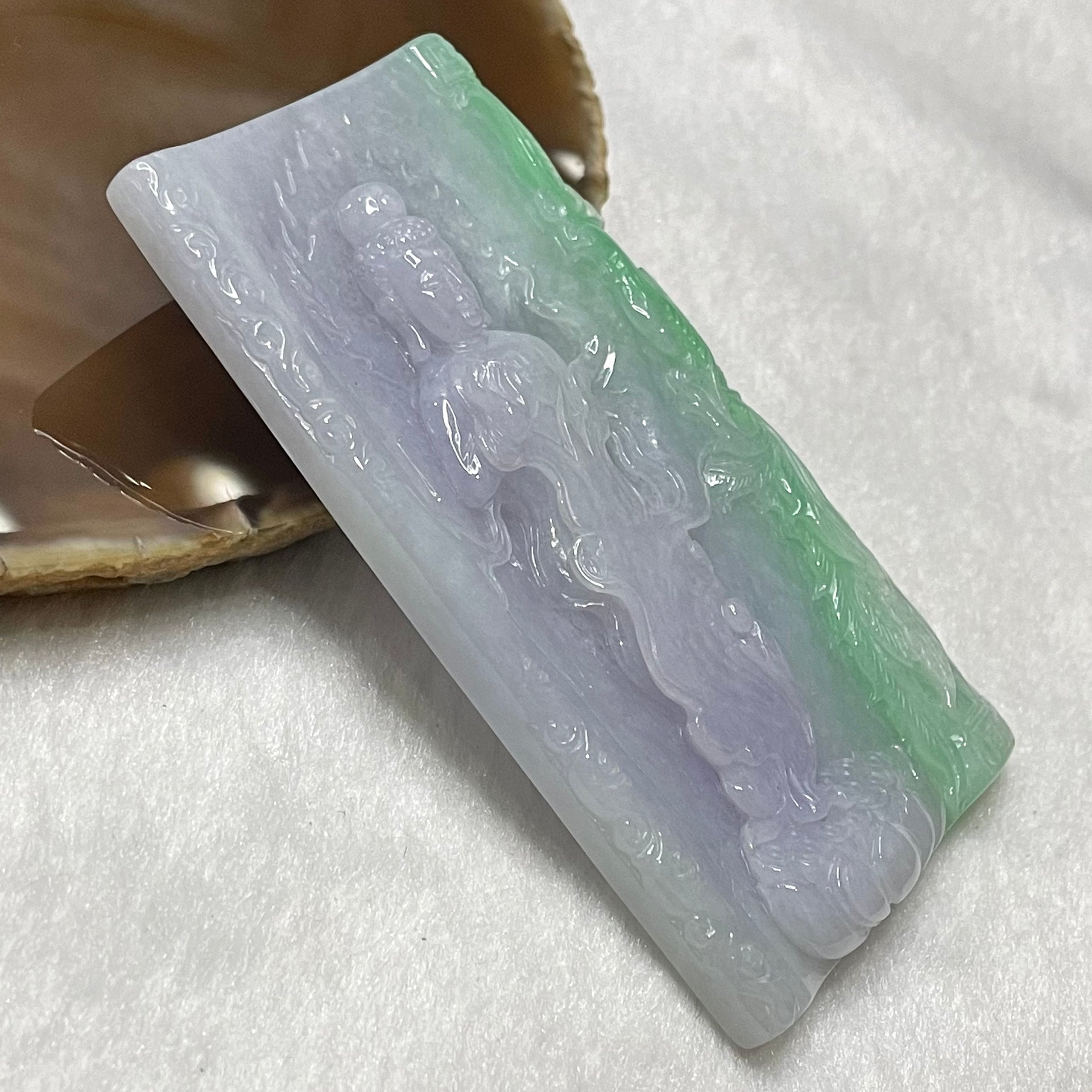 Type A Faint Lavender & Green Jade Jadeite Guan Yin Pendant - 81.05g 83.2 by 48.0 by 9.0mm - Huangs Jadeite and Jewelry Pte Ltd