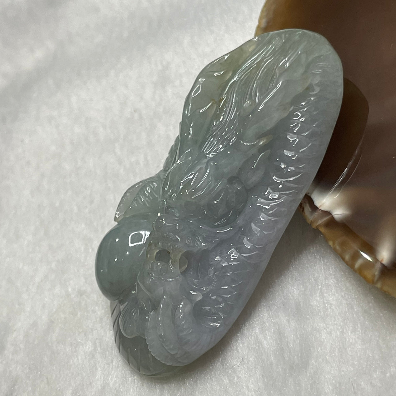 Type A Faint Lavender & Green Jade Jadeite Dragon Pendant - 67.5g 71.8 by 39.7 by 16.6mm - Huangs Jadeite and Jewelry Pte Ltd