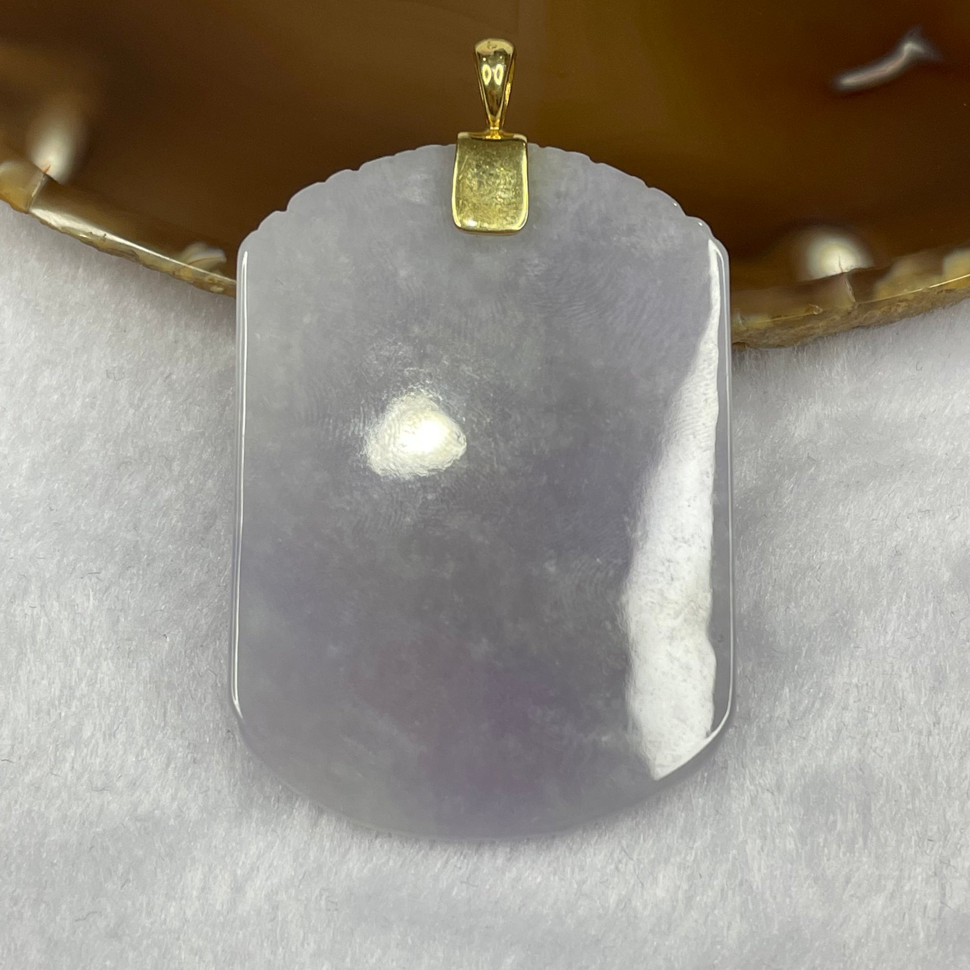 (PRE-LOVED) Lotus On Water by Master Yun Long Zi Type A Intense Lavender Jade Jadeite Guan Gong Pendant with 18K Gold Clasp - 31.48g 52.7 by 37.7 by 7.3mm - Huangs Jadeite and Jewelry Pte Ltd