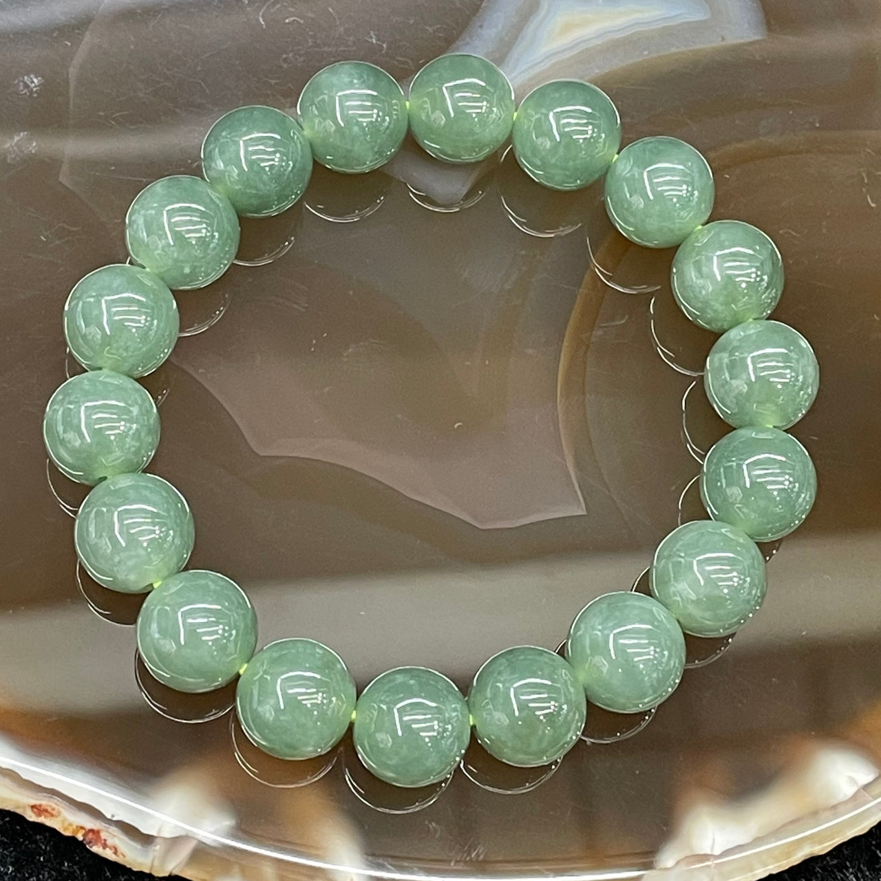 Type A Burmese Icy Oily Green Jade Jadeite Bracelet - 39.07g 10.8mm/bead 18 beads - Huangs Jadeite and Jewelry Pte Ltd