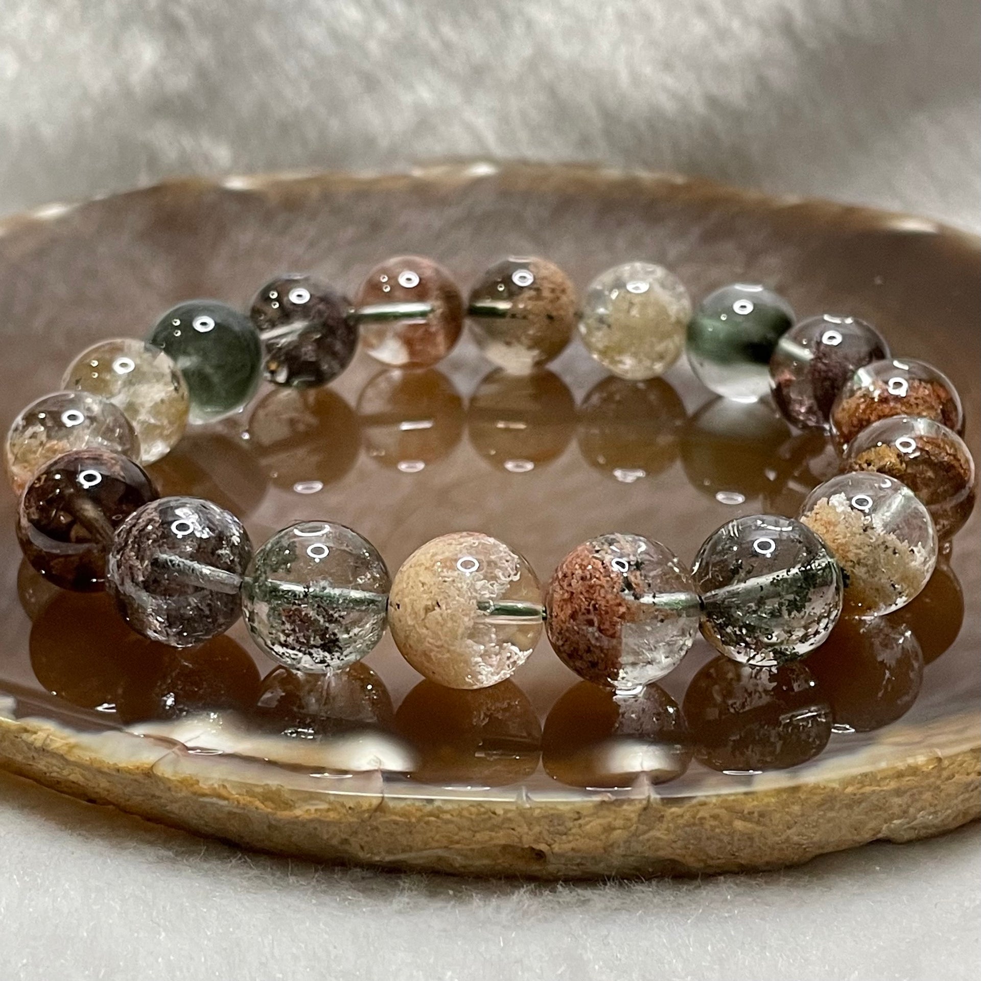 Natural Four Season Phantom Quartz 四季彩幽灵 Bracelet 45.59g 12.4mm/bead 18 beads - Huangs Jadeite and Jewelry Pte Ltd