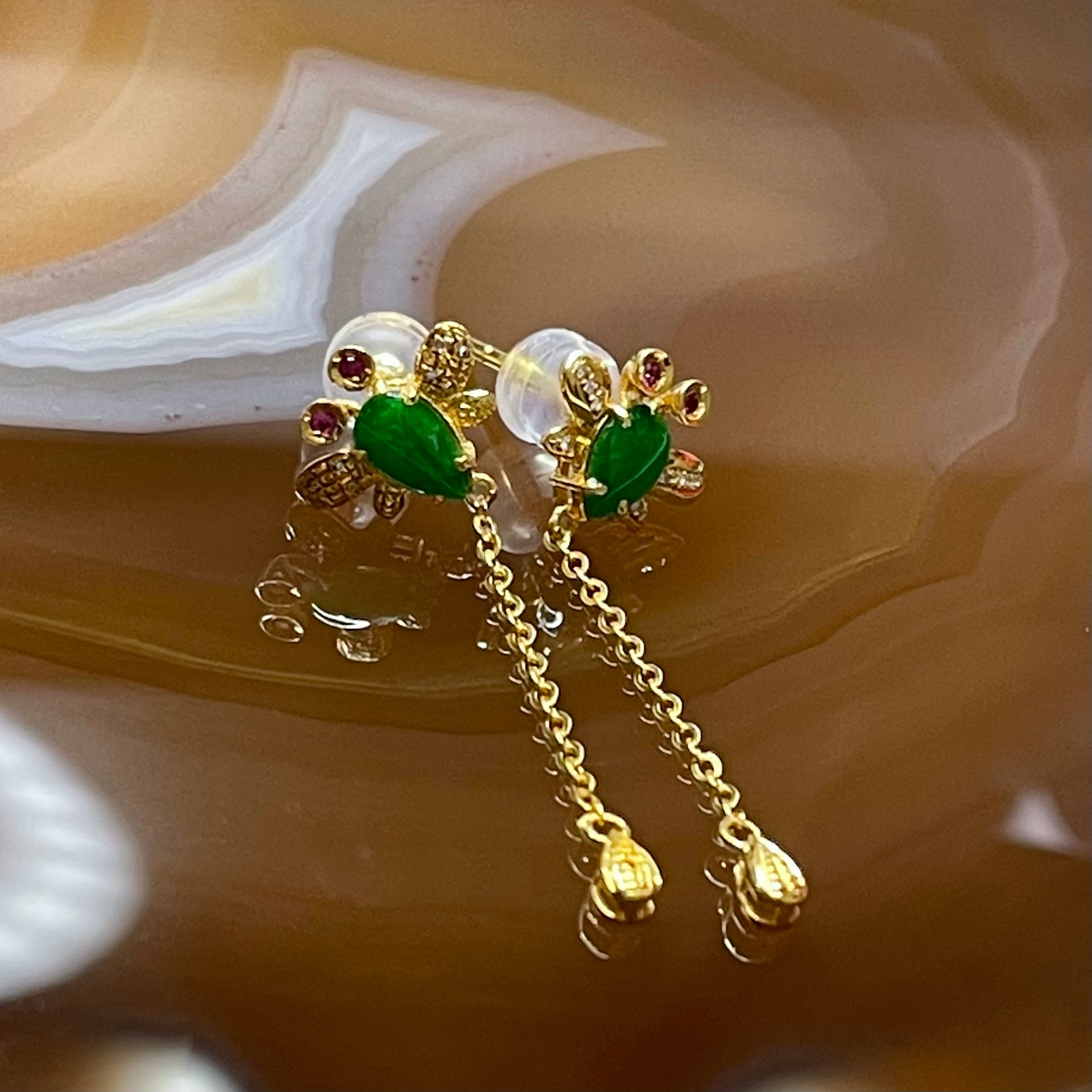 Type A Spicy Green Jade Jadeite Fly Earrings 18K Yellow Gold 1.57g 33.7 by 10.3 by 3.1mm - Huangs Jadeite and Jewelry Pte Ltd