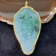 Type A Green Jadeite Thousand Hands Guan Yin set in 18k yellow gold & natural diamonds - 68.36g 74.4 by 43.2 by 14.1mm - Huangs Jadeite and Jewelry Pte Ltd