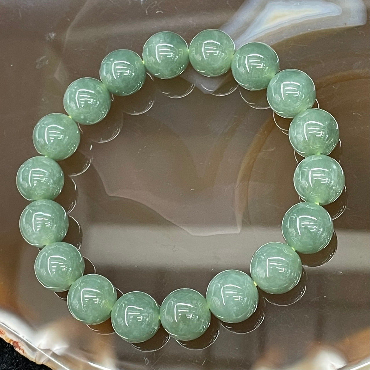 Type A Burmese Icy Oily Green Jade Jadeite Bracelet - 39.07g 10.8mm/bead 18 beads - Huangs Jadeite and Jewelry Pte Ltd