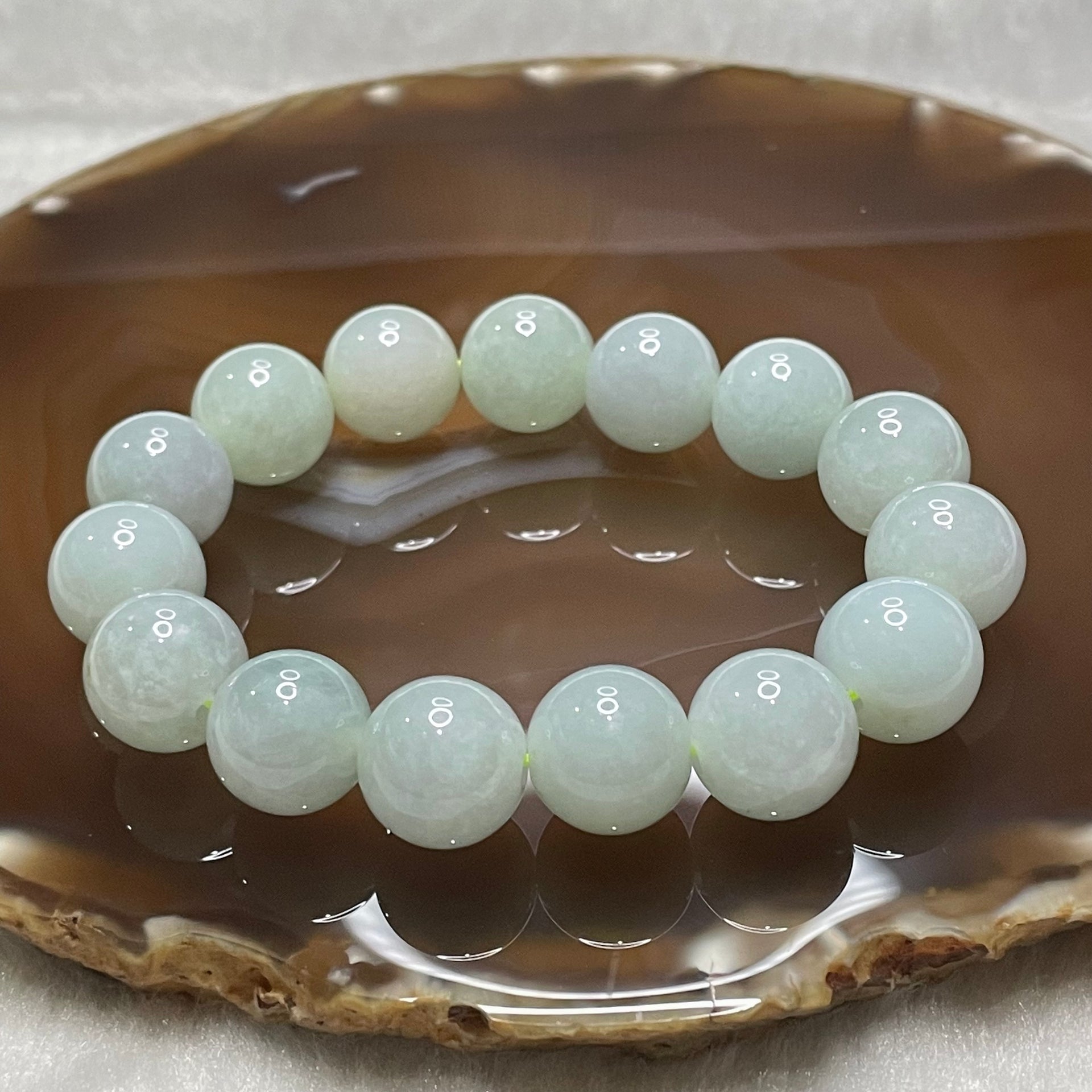 Type A Light Green Jade Jadeite Bracelet 58.52g 13.1mm/bead 15 beads - Huangs Jadeite and Jewelry Pte Ltd