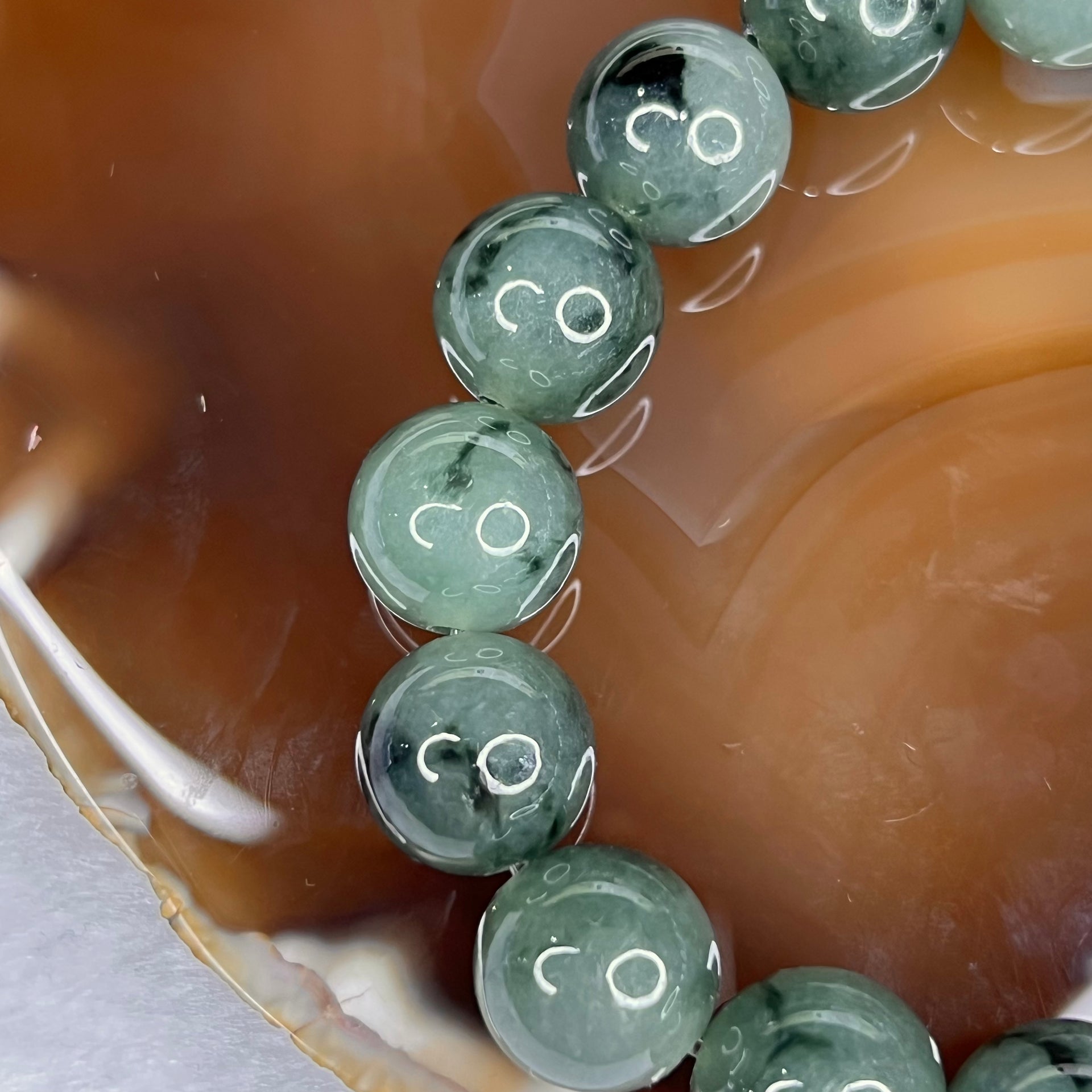 Type A Semi Icy Green Piao Hua Jade Jadeite Bracelet 63.56g 13.2mm/bead 16 beads - Huangs Jadeite and Jewelry Pte Ltd