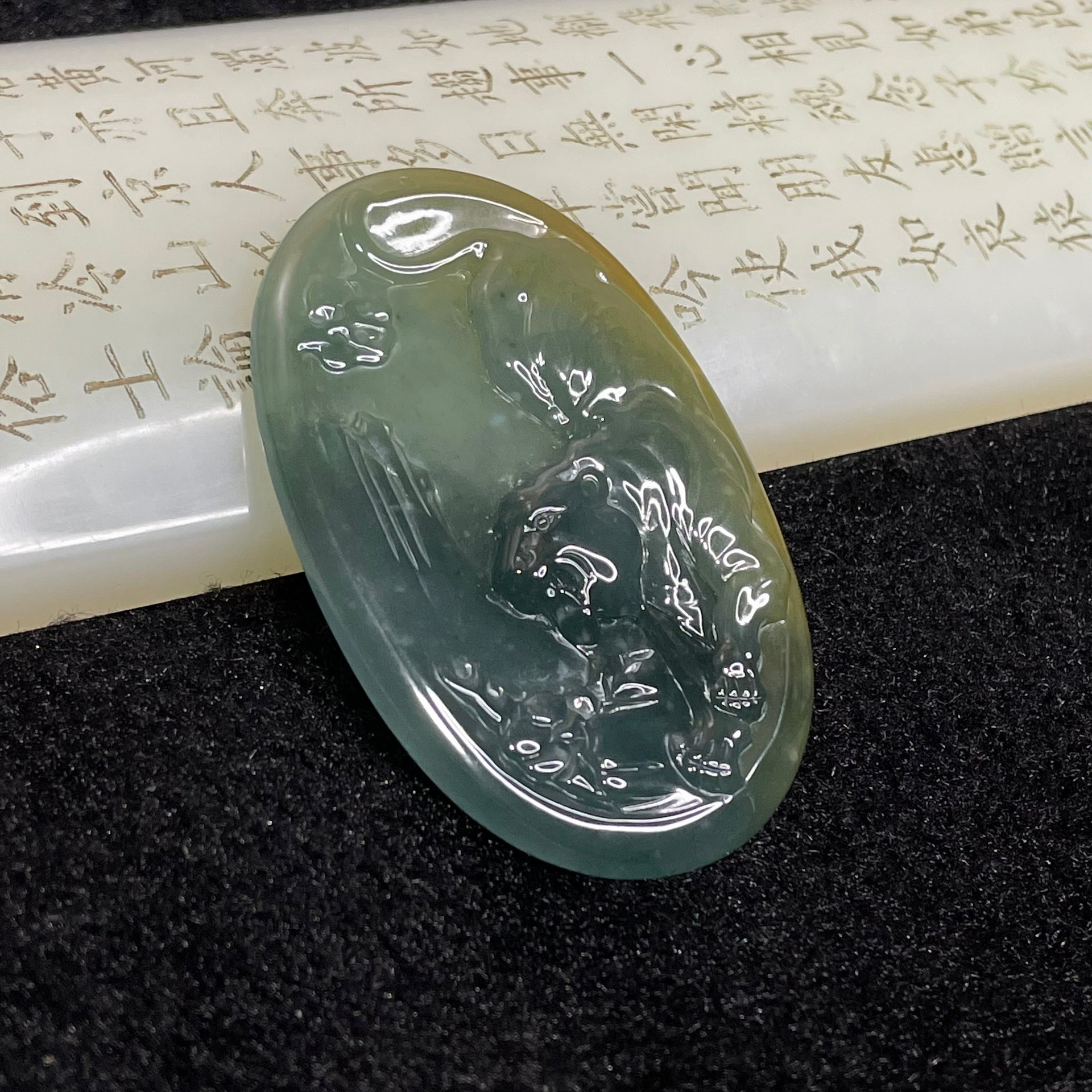 Type A Blueish Green Tiger Jade Jadeite Pendant 23.69g 62.8 by 39.9 by 5.1mm - Huangs Jadeite and Jewelry Pte Ltd