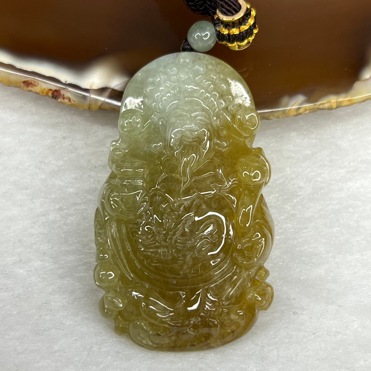 Grand Master Certified Type A Yellow and Green Jade Jadeite Cai Shen Ye Pendant 25.24g 48.3 by 28.7 by 8.6 mm - Huangs Jadeite and Jewelry Pte Ltd