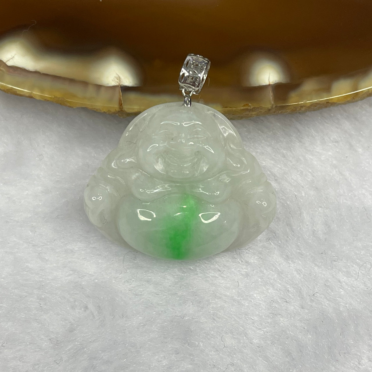 Type A Spicy Green Piao Hua Jade Jadeite Milo Buddha with 18K Gold Clasp -  5.09g 21.4 by 25.5 by 6.4mm - Huangs Jadeite and Jewelry Pte Ltd