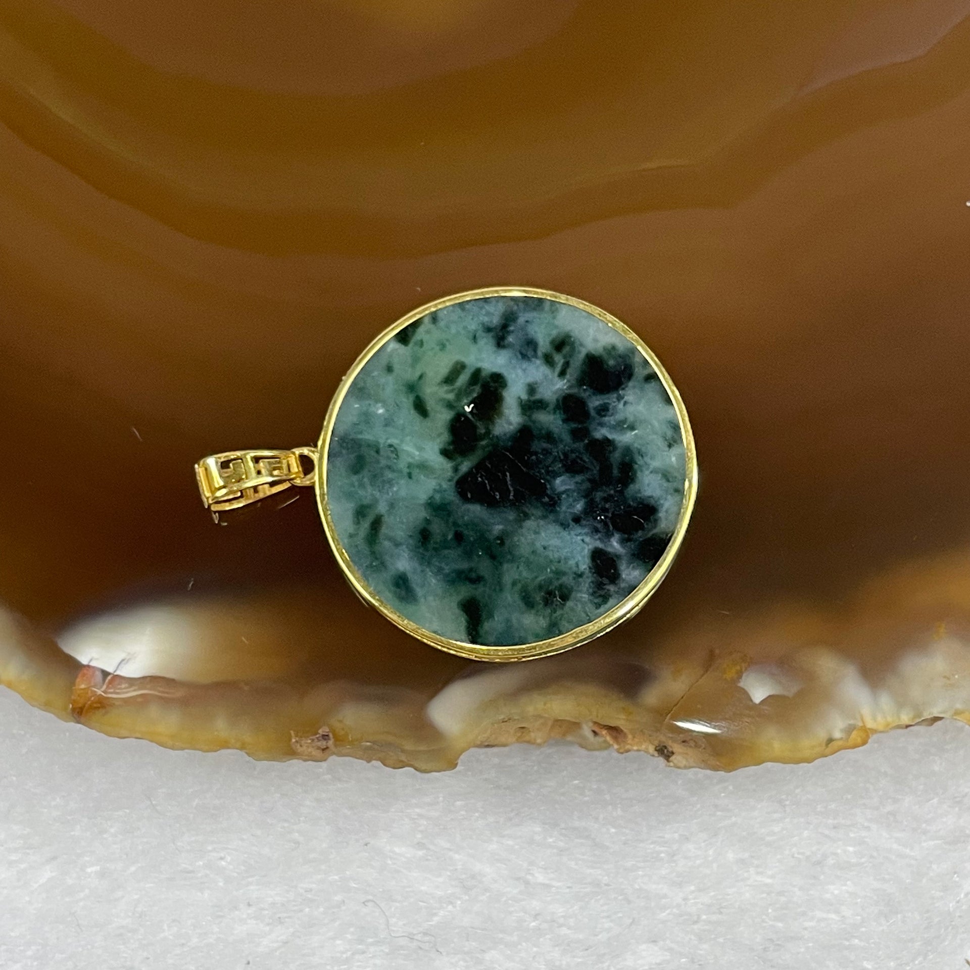 Type A Spicy Green Jadeite Wu Shi Pai Pendant with 18k Gold Setting - 2.00g 20 by 20 by 2mm - Huangs Jadeite and Jewelry Pte Ltd