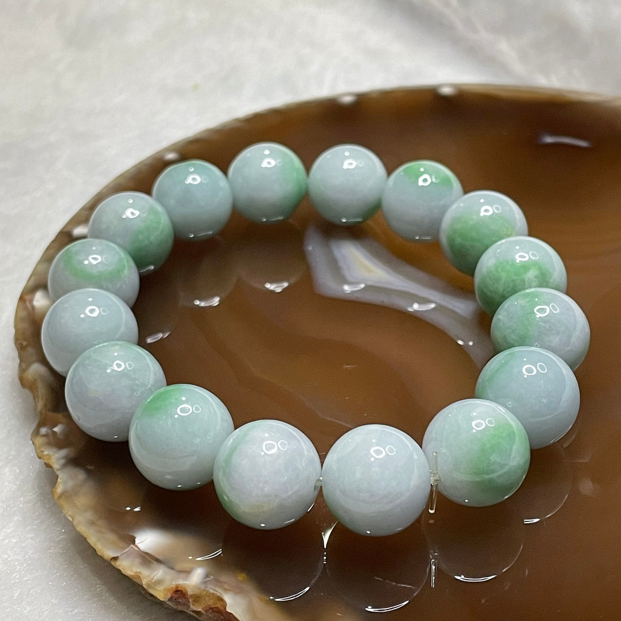 Type A Green patches on Light Green Jade Jadeite Bracelet 74.13g 14.0mm/bead 16 beads - Huangs Jadeite and Jewelry Pte Ltd