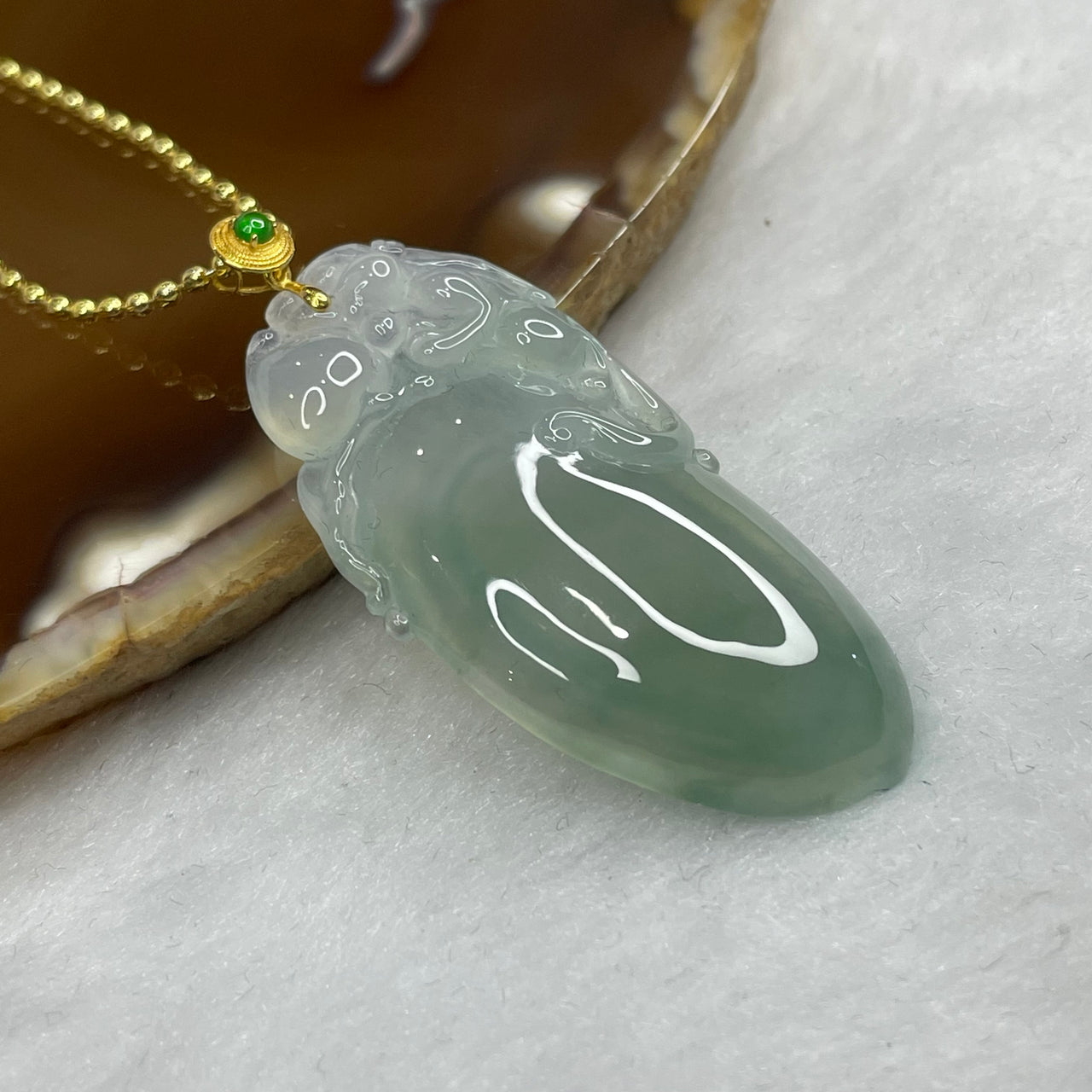 Grand Master Certified Type A Semi Icy Green Jade Jadeite Peach and Pixiu Pendant with 18K Gold Clasp 9.46g 42.1 by 19.7 by 5.4 mm - Huangs Jadeite and Jewelry Pte Ltd