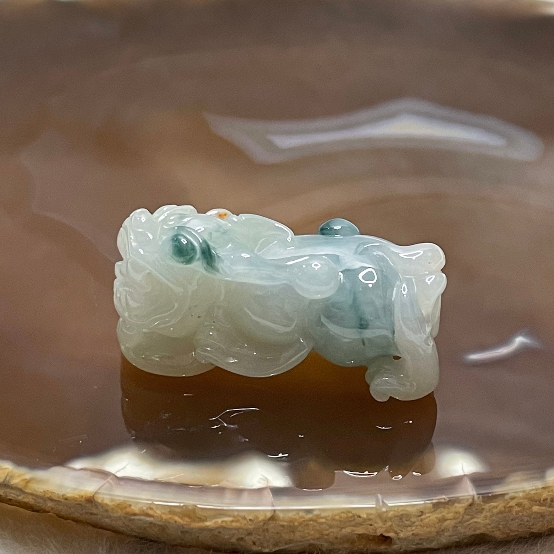 Type A Faint Green Piao Hua with Brownish Red Spots Jade Jadeite Pixiu Charm - 17.3g 37.9 by 16.1 by 18.2mm - Huangs Jadeite and Jewelry Pte Ltd