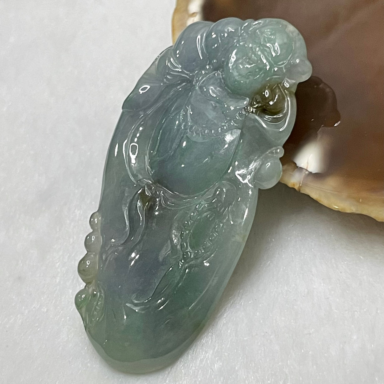 High Quality Type A Lavender, Blueish Green & Yellow Jade Jadeite Milo Laughing Buddha Pendant with NGI Cert - 22.87g 62.8 by 35.6 by 9.0mm - Huangs Jadeite and Jewelry Pte Ltd