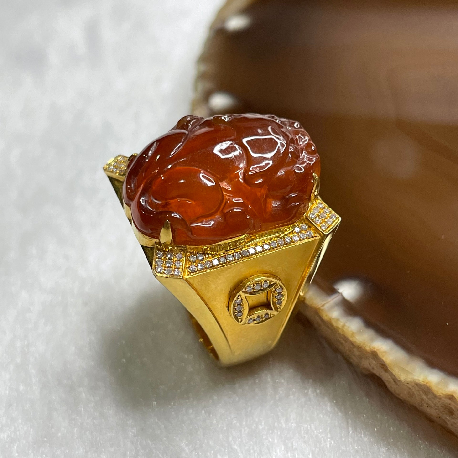 Rare Type A Highly Icy Red Jade Jadeite Pixiu 18k Yellow Gold & Natural Diamonds 9.44g 20.5 by 19.4 by 10.5mm US9 HK20 - Huangs Jadeite and Jewelry Pte Ltd