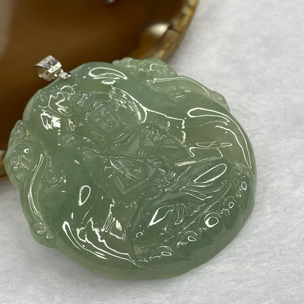 Type A Icy Green Jade Jadeite Guan Yin Pendant with 18K Gold Clasp - 26.40g 51.6 by 50.7 by 6.2mm - Huangs Jadeite and Jewelry Pte Ltd