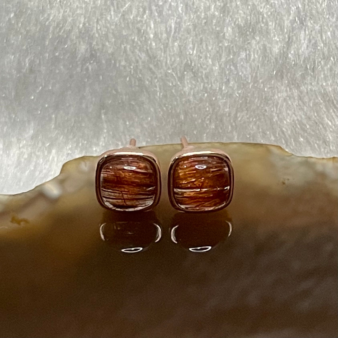 Natural Copper Rutilated Quartz 铜发晶 925 Silver Earrings 0.98g 7.1 by 7.2 by 3.4mm - Huangs Jadeite and Jewelry Pte Ltd