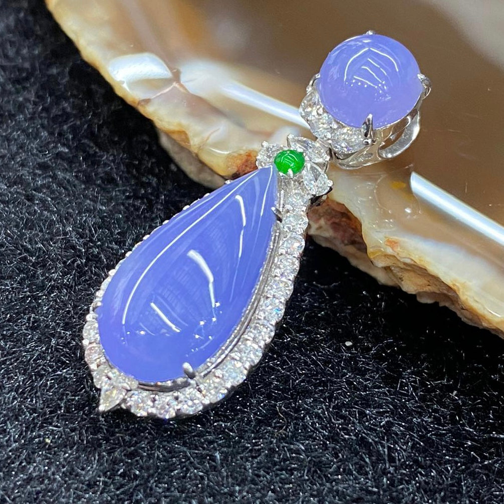 Rare High end Type A Burmese Lavender Jade Jadeite Pendant 18k white gold & diamonds with NGI Cert - 5.23g 31.7 by 12.2 by 9.4mm - Huangs Jadeite and Jewelry Pte Ltd