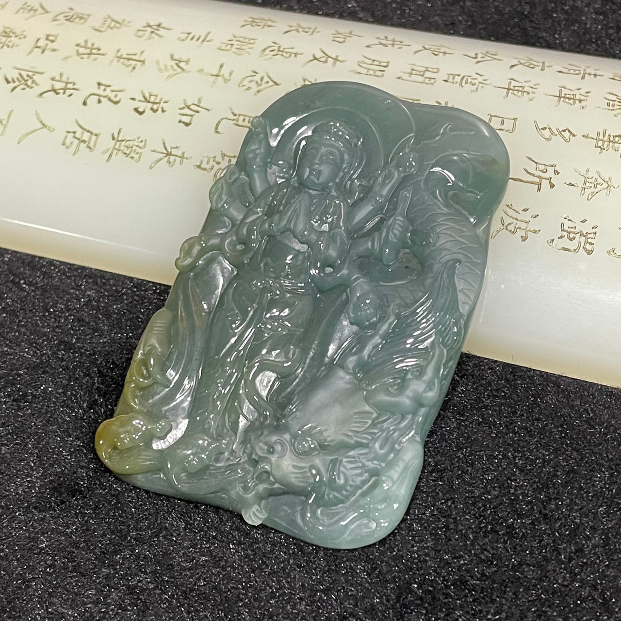 Type A Blueish Green Yellow Jade Jadeite Thousand Hands Guan Yin with Dragon - 49.89g 71.6 by 46.2 by 7.4mm - Huangs Jadeite and Jewelry Pte Ltd