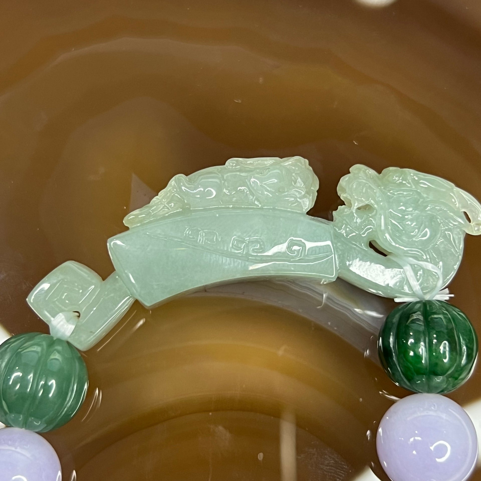 High End Type A Lavender and Green Jadeite Bracelet with Semi Icy Dragon and Pixiu Ruyi Charm 72.82g 13.4mm 11 Beads Charm Dimensions 63.3 by 14.3 by 18.4 - Huangs Jadeite and Jewelry Pte Ltd