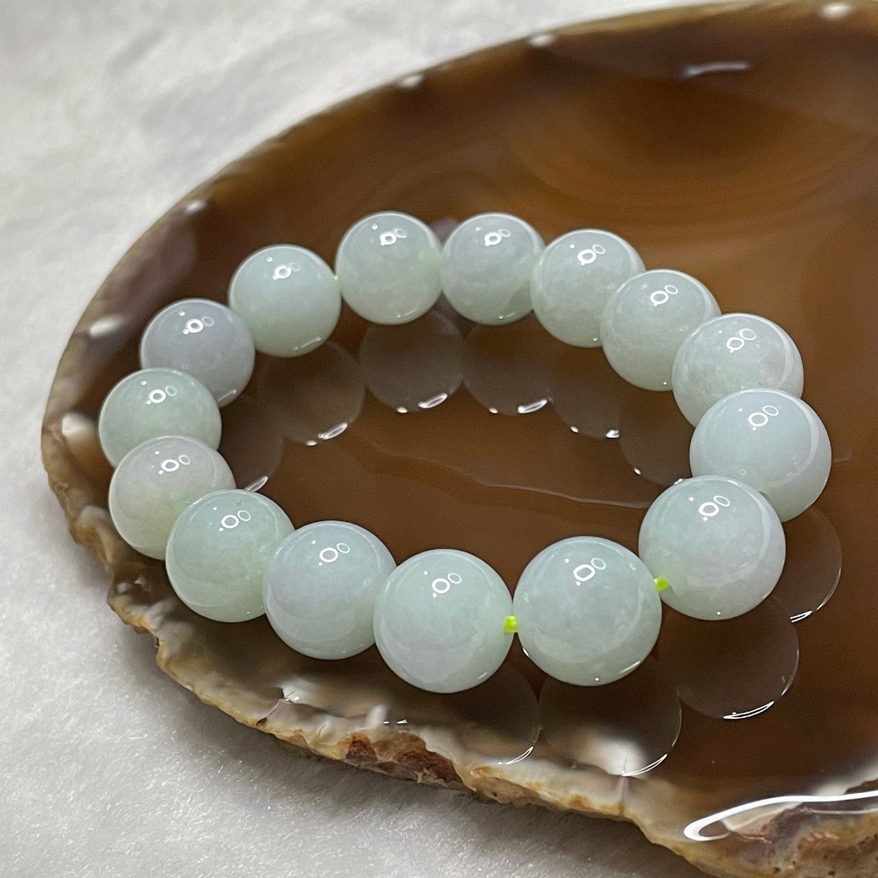 Type A Light Green Jade Jadeite Bracelet 58.52g 13.1mm/bead 15 beads - Huangs Jadeite and Jewelry Pte Ltd