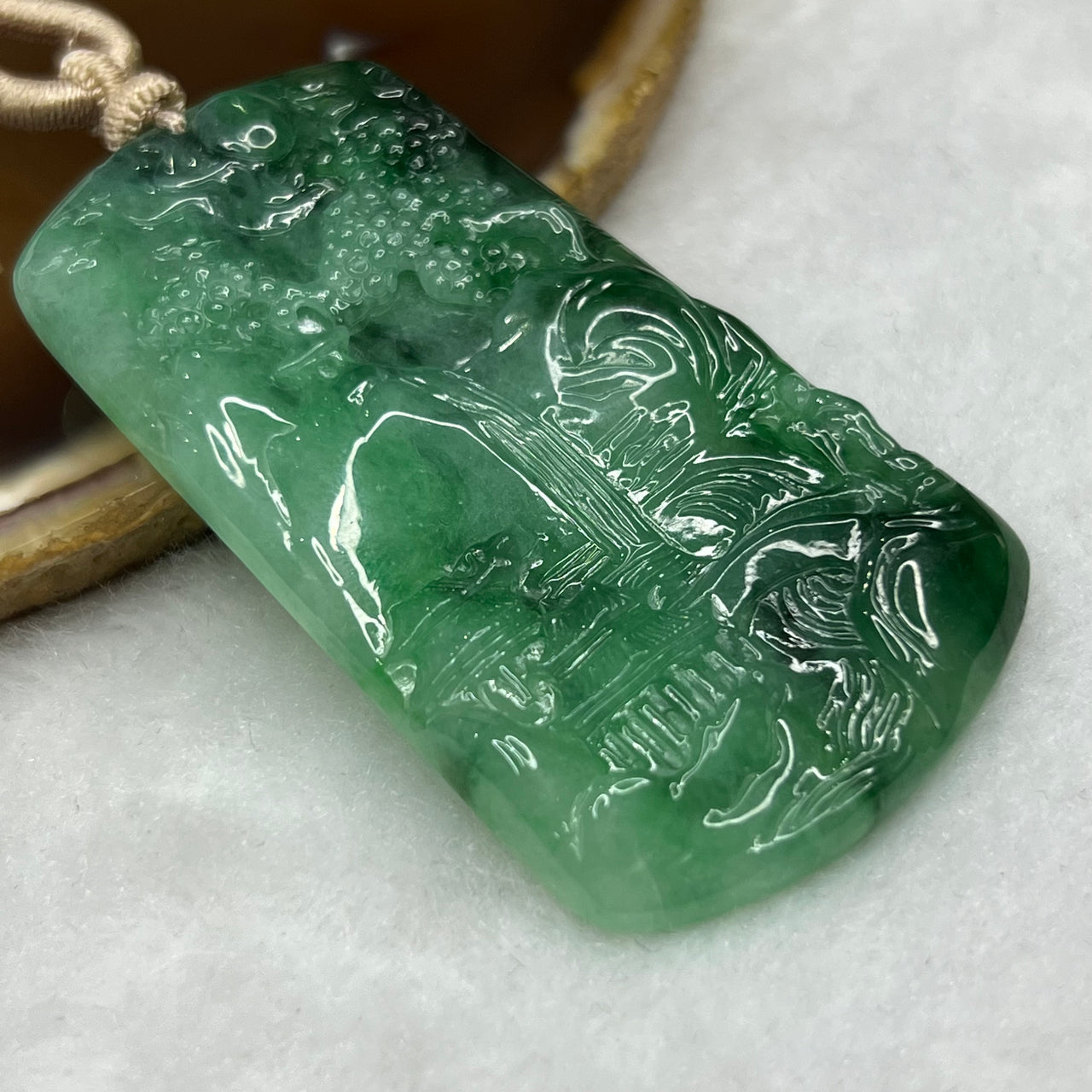 Type A ICY Spicy Green Jade Jadeite Shan Shui Pendant - 35.06g 63.8 by 35.2 by 6.0mm - Huangs Jadeite and Jewelry Pte Ltd