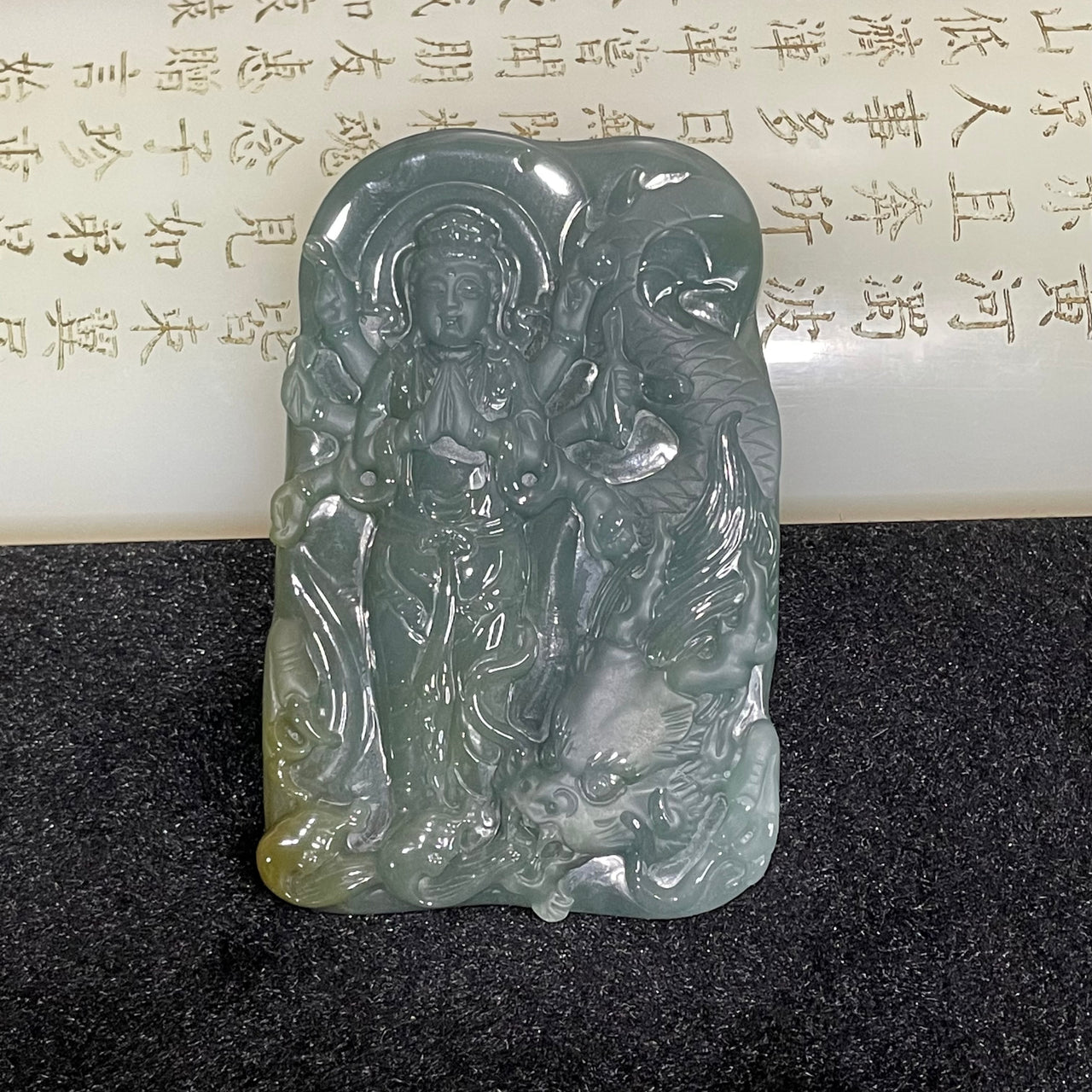 Type A Blueish Green Yellow Jade Jadeite Thousand Hands Guan Yin with Dragon - 49.89g 71.6 by 46.2 by 7.4mm - Huangs Jadeite and Jewelry Pte Ltd