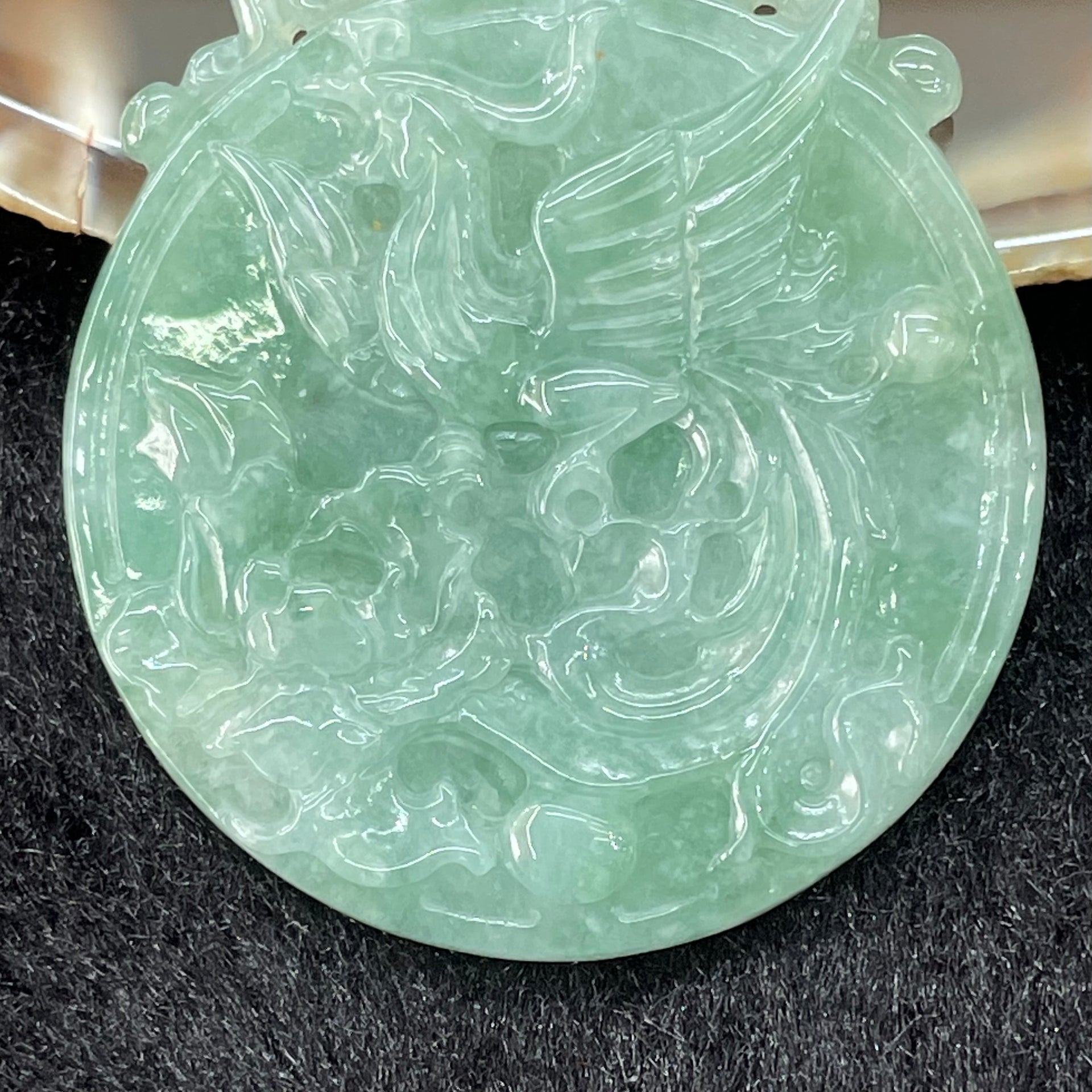 Type A Burmese Apple Green Jade Jadeite Dragon Phoenix Pendant - 36.62g 51.4 by 41.6 by 5.1mm each - Huangs Jadeite and Jewelry Pte Ltd