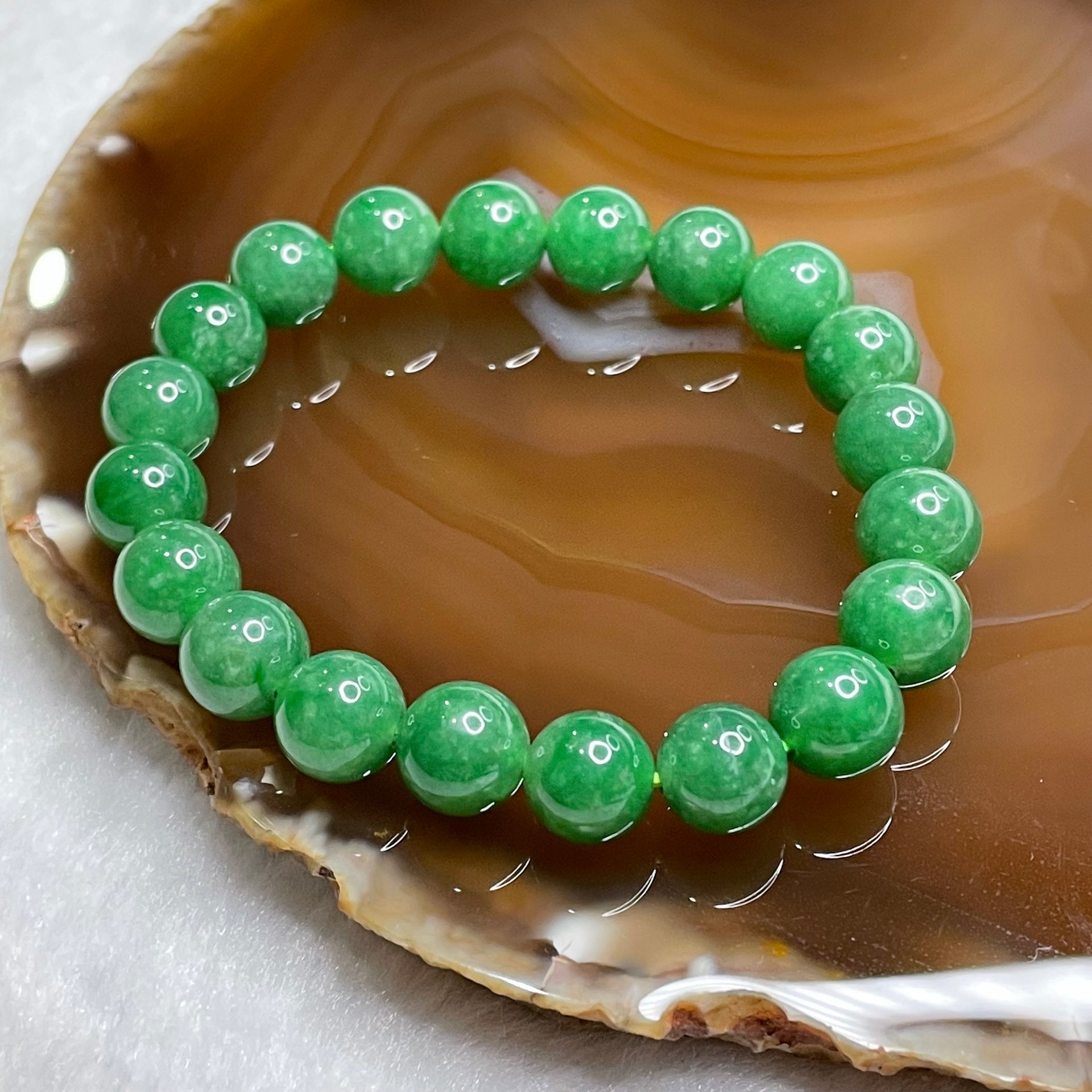 Rare High Quality Type A Full Green Jade Jadeite Beads Bracelet 29.76g 9.6mm/bead 20 beads - Huangs Jadeite and Jewelry Pte Ltd