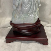 Type A Lavender, Green & Yellow Jade Jadeite Shou Xing Gong with Wooden Stand 财源滚滚 健康长寿 - 3.93kg Dimensions with Stand: 39 by 25 by 15cm Jade Dimensions: 27 by 15 by 7cm - Huangs Jadeite and Jewelry Pte Ltd