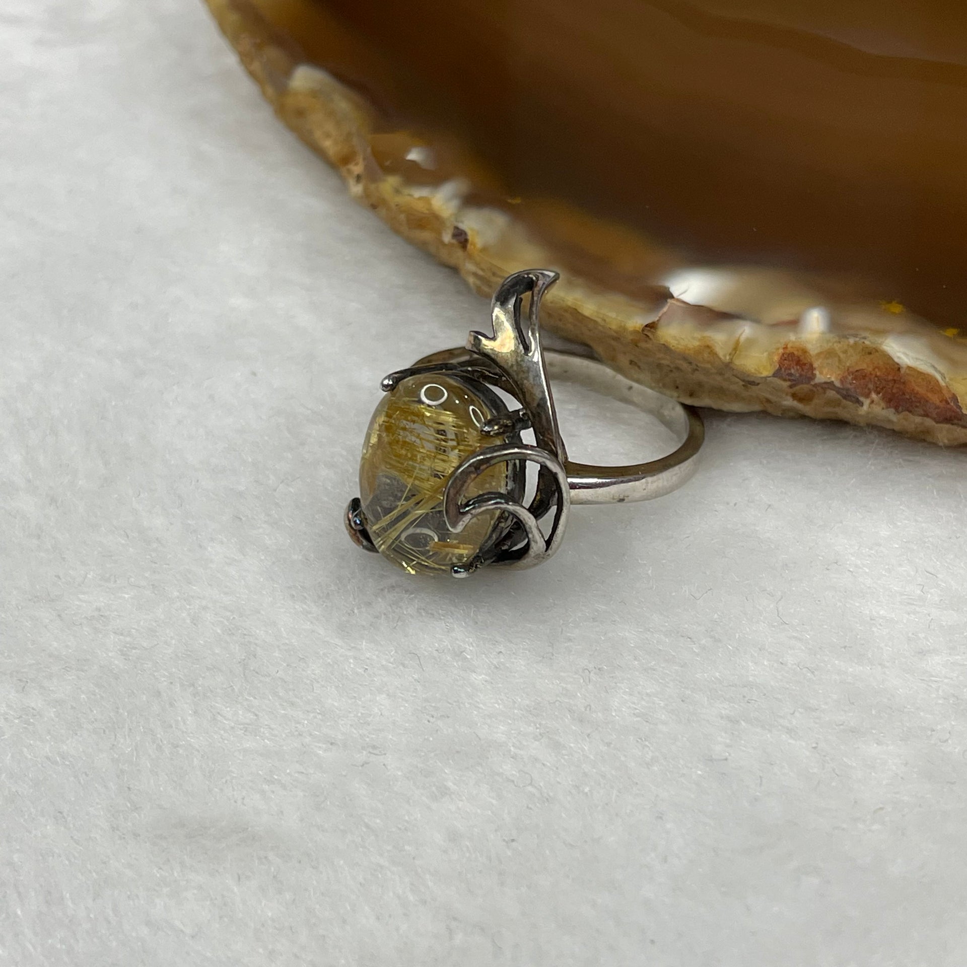 Natural Golden Rutilated Quartz 925 Silver Ring US 8.5 HK 18.75 5.43g 19.5 by 17.0 by 9.4mm - Huangs Jadeite and Jewelry Pte Ltd