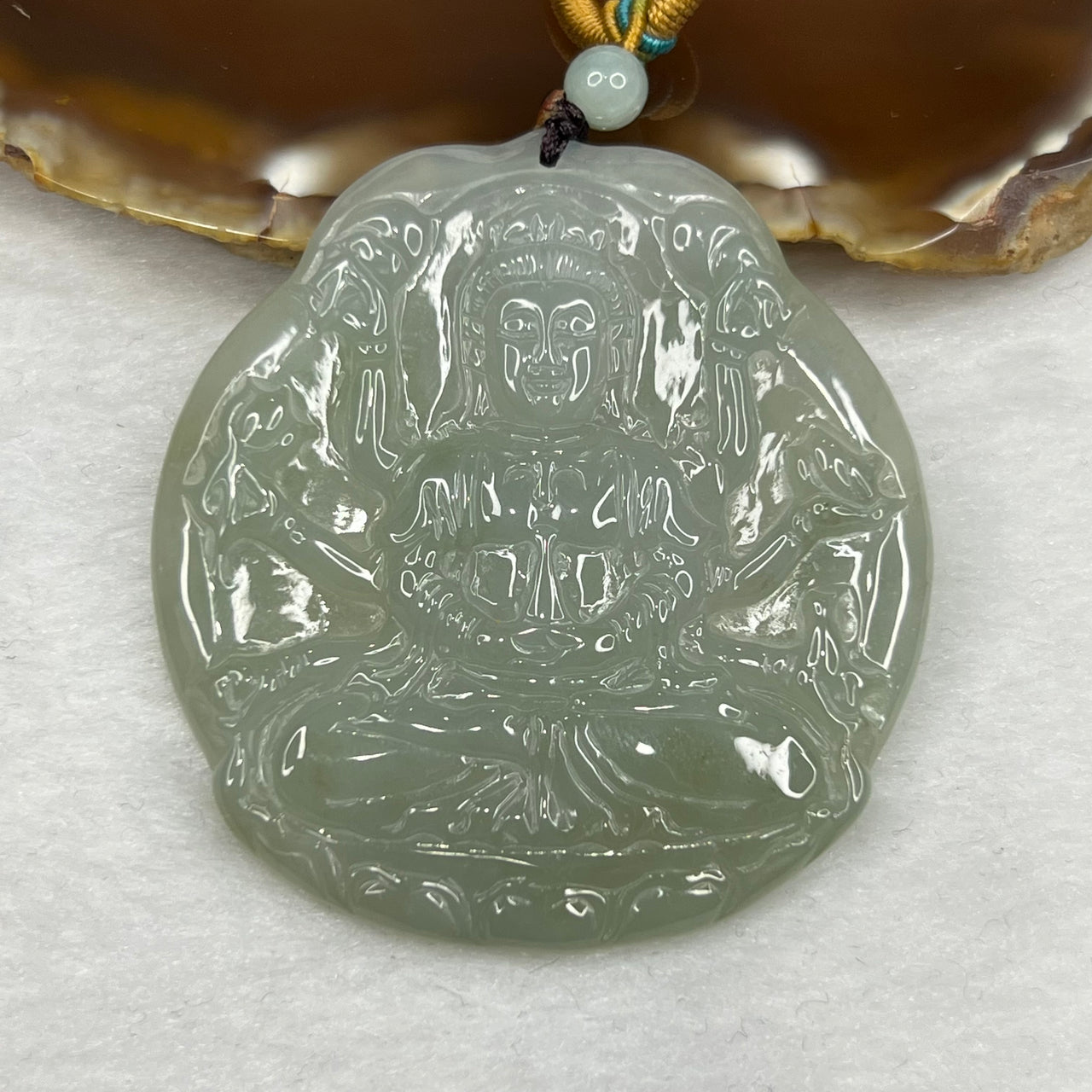 Type A Semi Icy Green Jade Jadeite Thousand Hand Guan Yin Pendant 25.49g 52.8 by 49.8 by 4.7 mm - Huangs Jadeite and Jewelry Pte Ltd