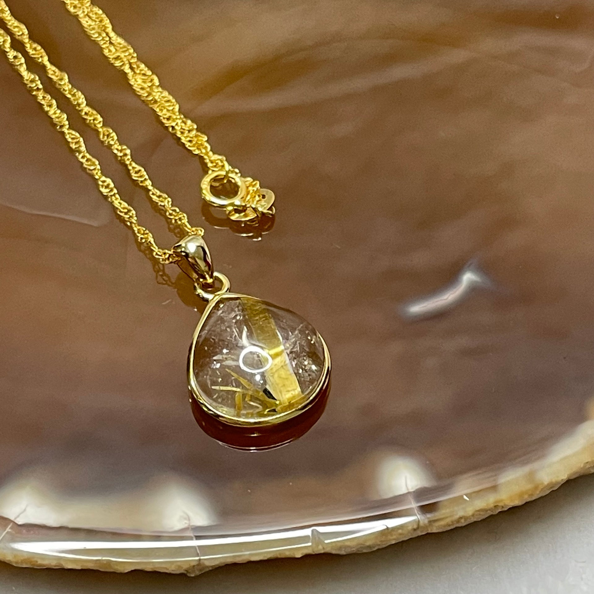 Natural Golden Rutilated Quartz 钛金 925 Silver Pendant & Chain 3.29g 22.9 by 13.6 by 5.7mm - Huangs Jadeite and Jewelry Pte Ltd