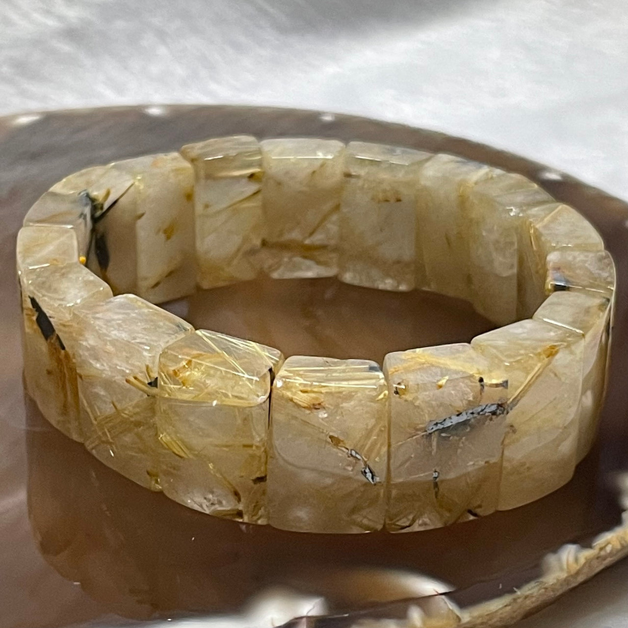 Natural Golden Rutilated Quartz Bracelet 手牌 - 69.26g 18.9 by 13.7 by 8.2mm/piece 18 pieces - Huangs Jadeite and Jewelry Pte Ltd