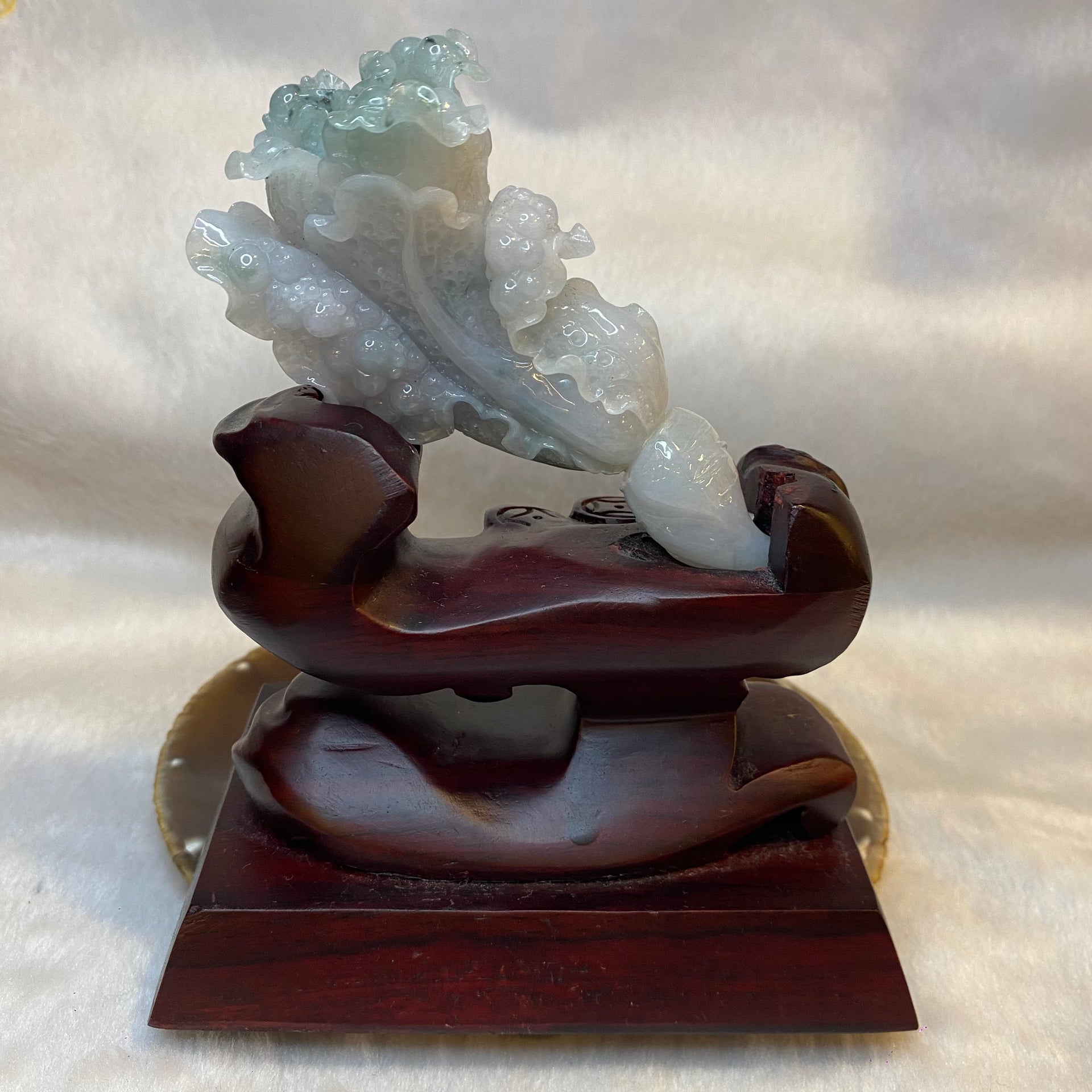 Rare Jelly Semi ICY Cabbage Bao Cai for Wealth 181.5g 112.0 by 61.7 by 31.0mm with wooden stand total 606.3g 150.6 by 127.0 by 80.5mm - Huangs Jadeite and Jewelry Pte Ltd