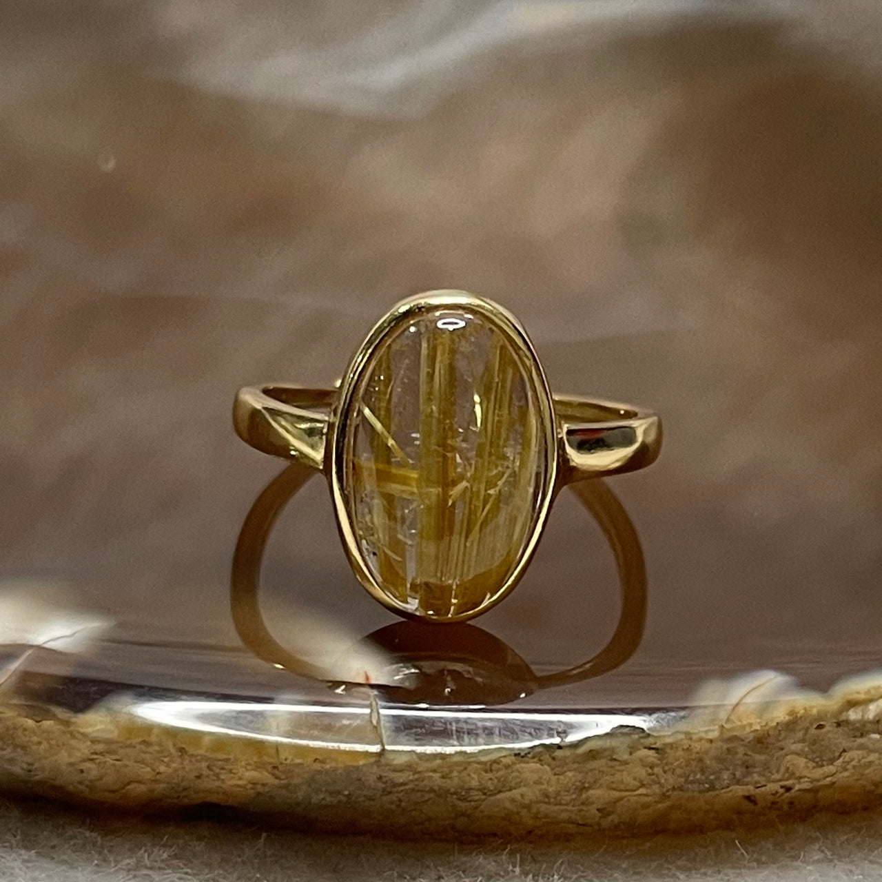 Natural Golden Rutilated Quartz 925 Silver Ring Size Adjustable 2.60g 14.5 by 9.9 by 5.2mm - Huangs Jadeite and Jewelry Pte Ltd