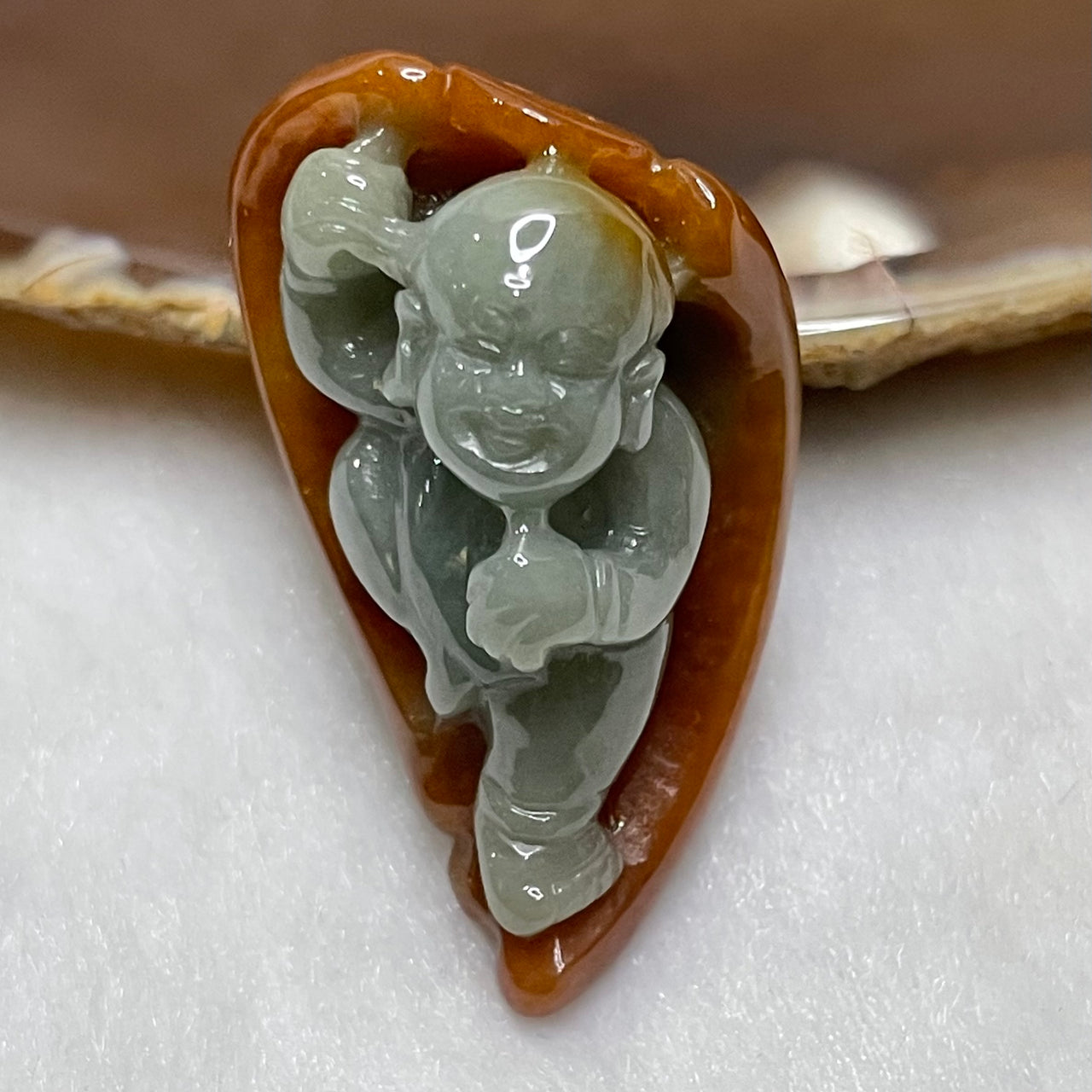 Type A Reddish Brown & Green Jade Jadeite Baby Angel 12.45g 35.2 by 22.4 by 16.5mm - Huangs Jadeite and Jewelry Pte Ltd